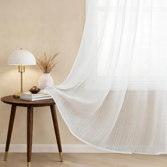 Creamy White Semi Sheer Curtains 52 x 84 Inches Long 2 Panels, White Striped Window Curtains for Living Room Bedroom, Boho Light Filtering Textured Voile Sheer Curtain, Layered Stripes