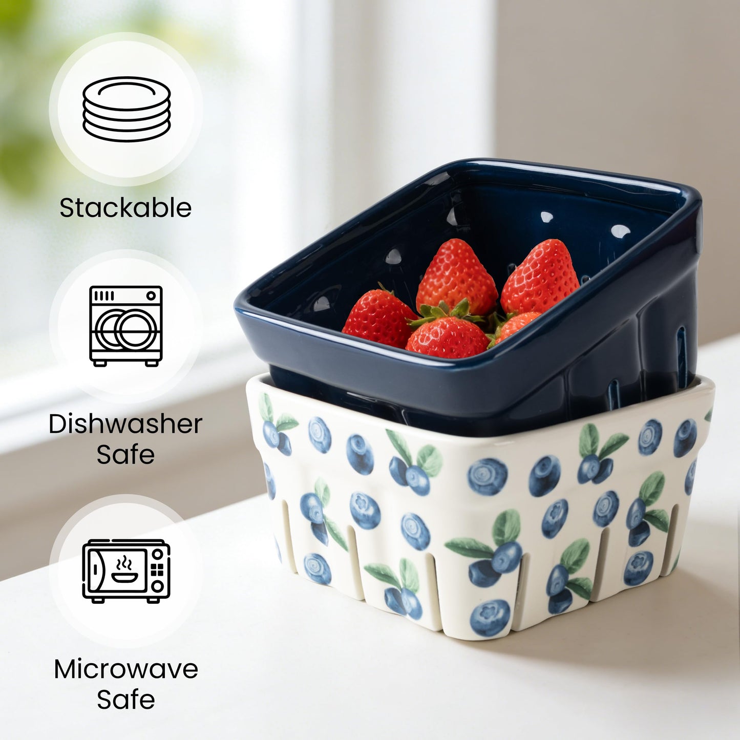 AELS Ceramic Berry Basket, 5.9" Container for Fruit & Vegetables, Farmhouse Fruit Bowl, Strawberry Decor, Farmers Market, White Pink and Cute Strawberry Pattern, Stoneware Harvest Bowls for Kitchen