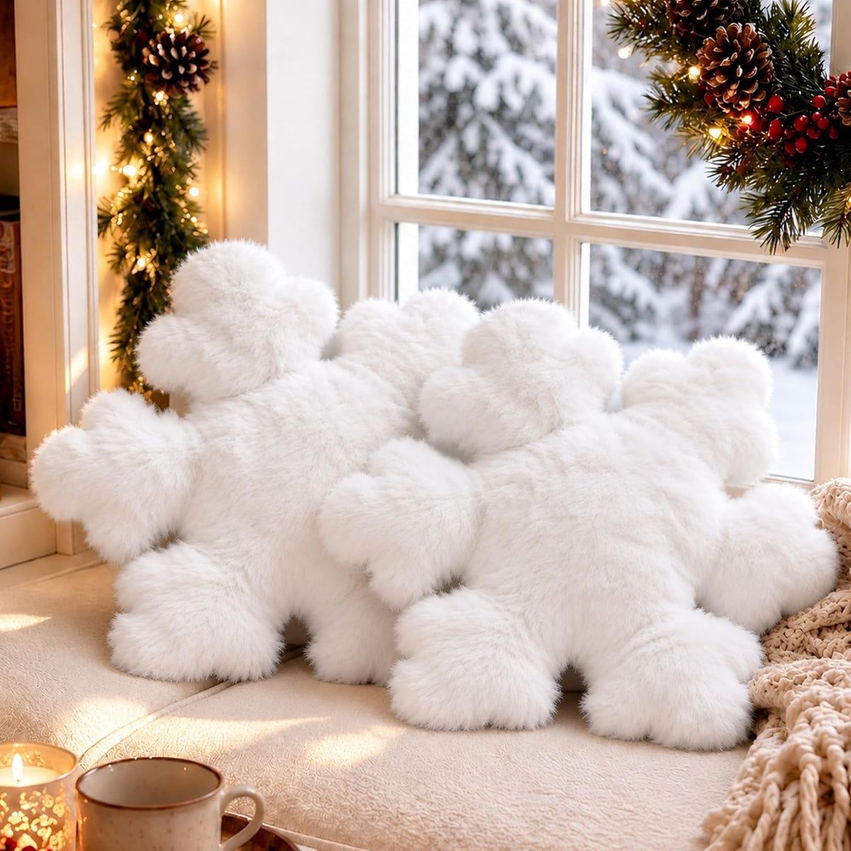 AELS Set of 2 Snowflake Christmas Faux Fur Decorative Throw Pillows, White