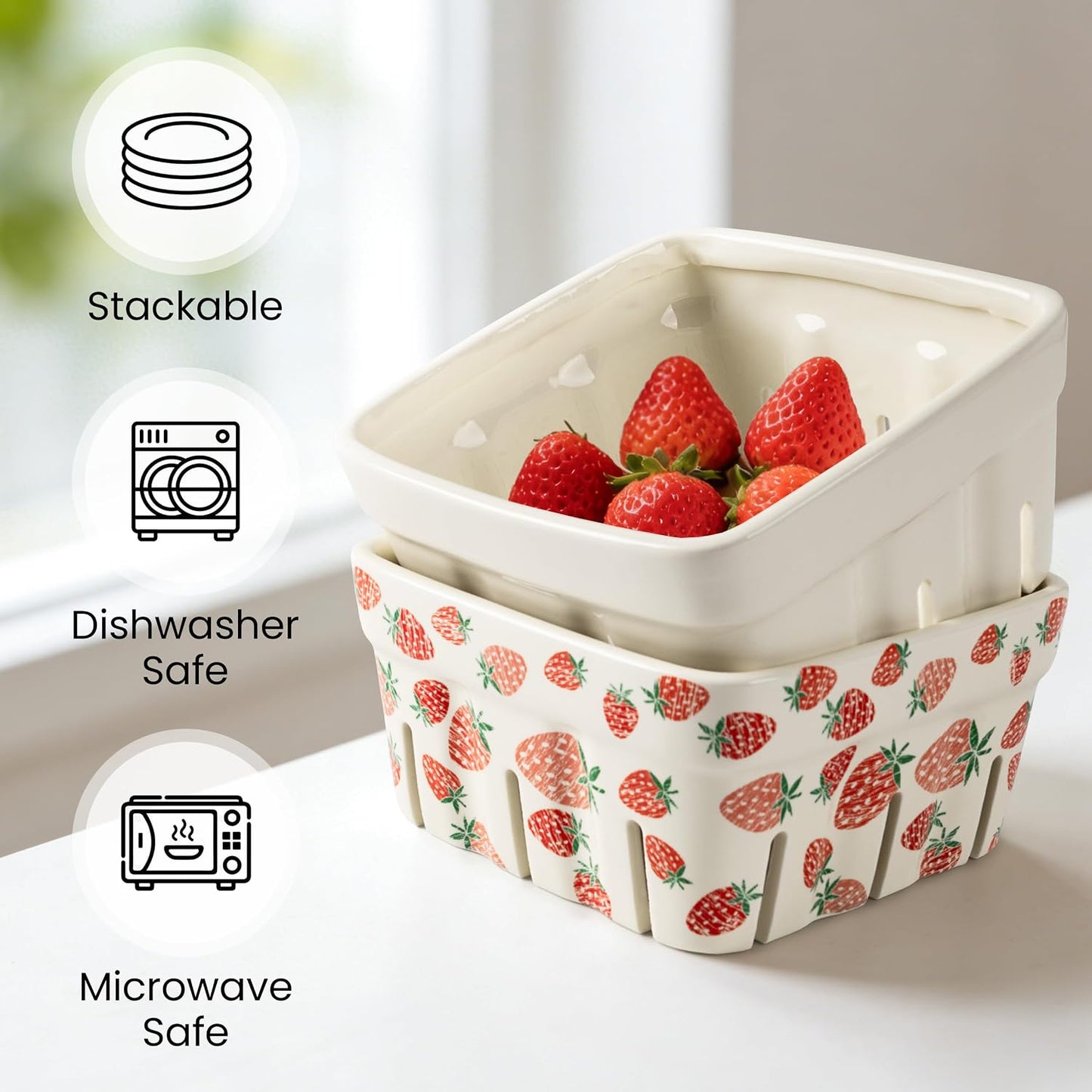 Ceramic Berry Basket, 5.9" Large Size Container for Fruit & Vegetables, Farmhouse Fruit Bowl, Strawberry Decor, Farmers Market, White Pink and Cute Strawberry Pattern, Stoneware Harvest Bowls for