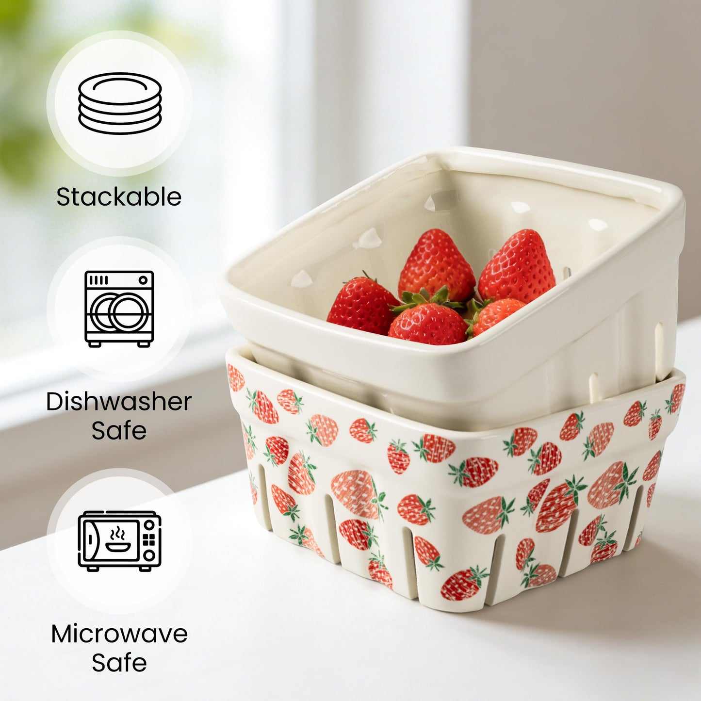 AELS Ceramic Berry Basket, 5.9" Container for Fruit & Vegetables, Farmhouse Fruit Bowl, Strawberry Decor, Farmers Market, White Pink and Cute Strawberry Pattern, Stoneware Harvest Bowls for Kitchen