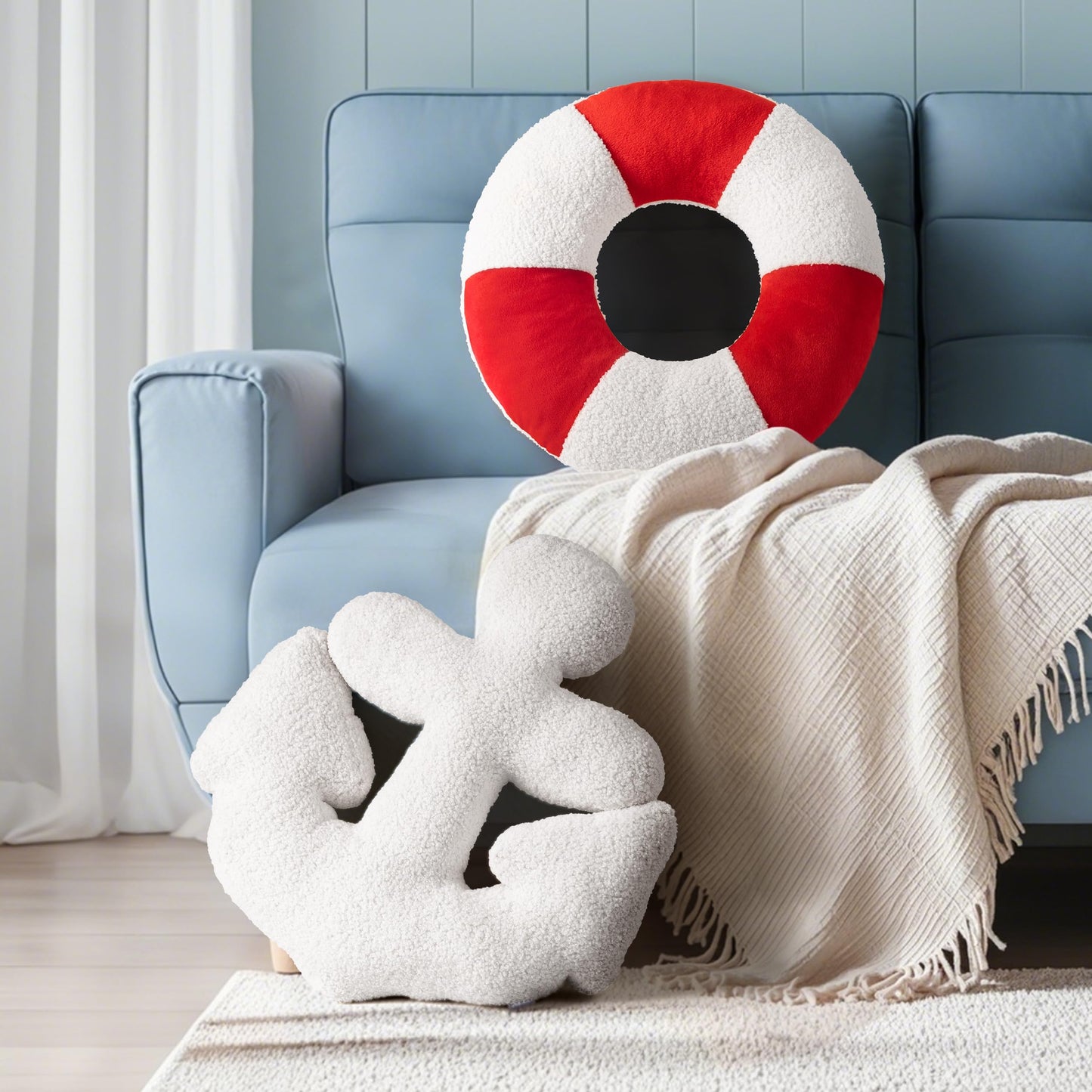 AELS 3D Anchor & Lifebuoy Nautical Decorative Throw Pillows, 19.6"& 15.7" Set of 2, Coastal Decor for Beach Enthusiasts Beach House, Sofa Couch Living Room Bedroom and Nursery, Navy Blue and White