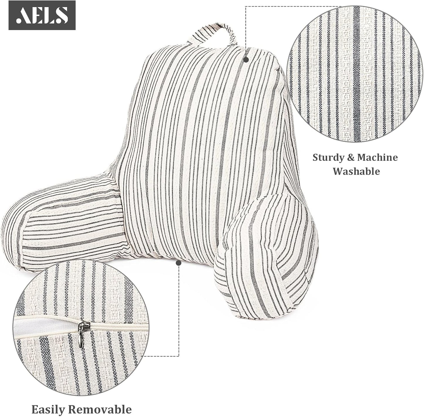 Reading Pillow Replacement Cover (No Insert) with Arms and Pockets, 18" Beige with Gray Stripes Textured Backrest Pillow Cover Fits Standard Size Pillows (Cover ONLY)
