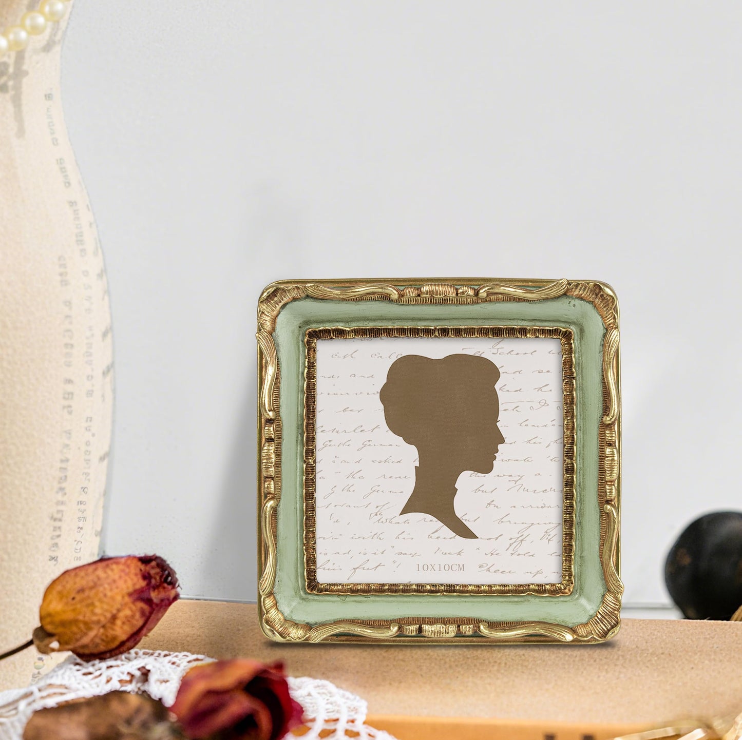 AELS 4x4 Inch Vintage Picture Frame, Elegant Antique Square Photo Frames with Glass Front, Photo Display, Tabletop Wall Hanging, Gift Ideas, Gold and Green