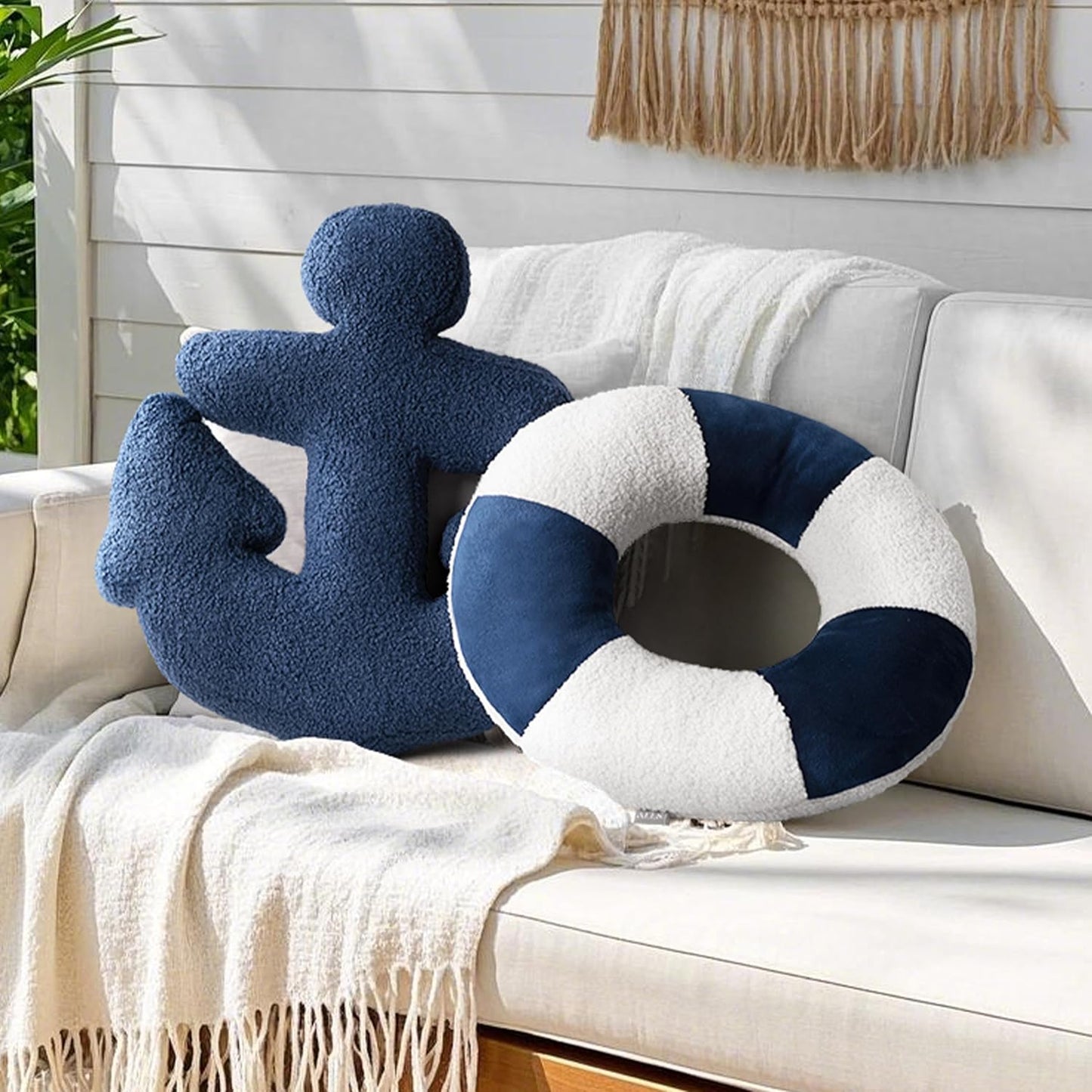 AELS 3D Anchor & Lifebuoy Nautical Decorative Throw Pillows, 19.6"& 15.7" Set of 2, Coastal Decor for Beach Enthusiasts Beach House, Sofa Couch Living Room Bedroom and Nursery, Navy Blue and White
