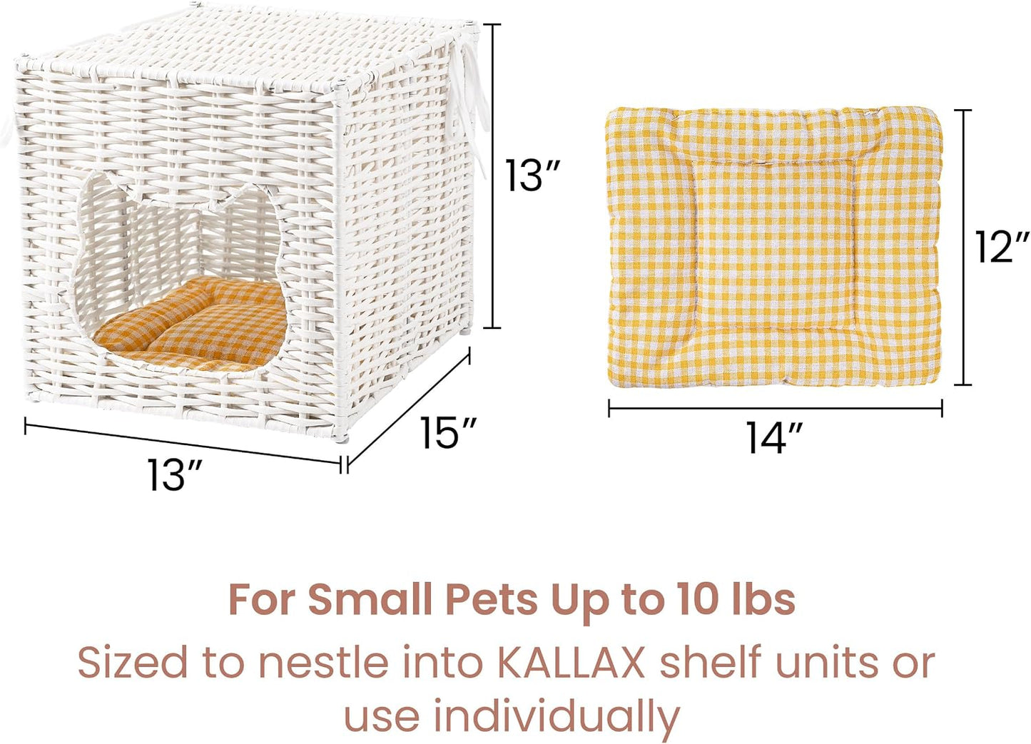 Handwoven Small Cat Bed Cave for IKEA Kallax Shelf, 13"x13"x15" Rattan Cat House for Indoor Cats Kittens and Small Pets with Removable Double-Sided Soft Cushion Pad, Pet Cube Hideaway Bed White