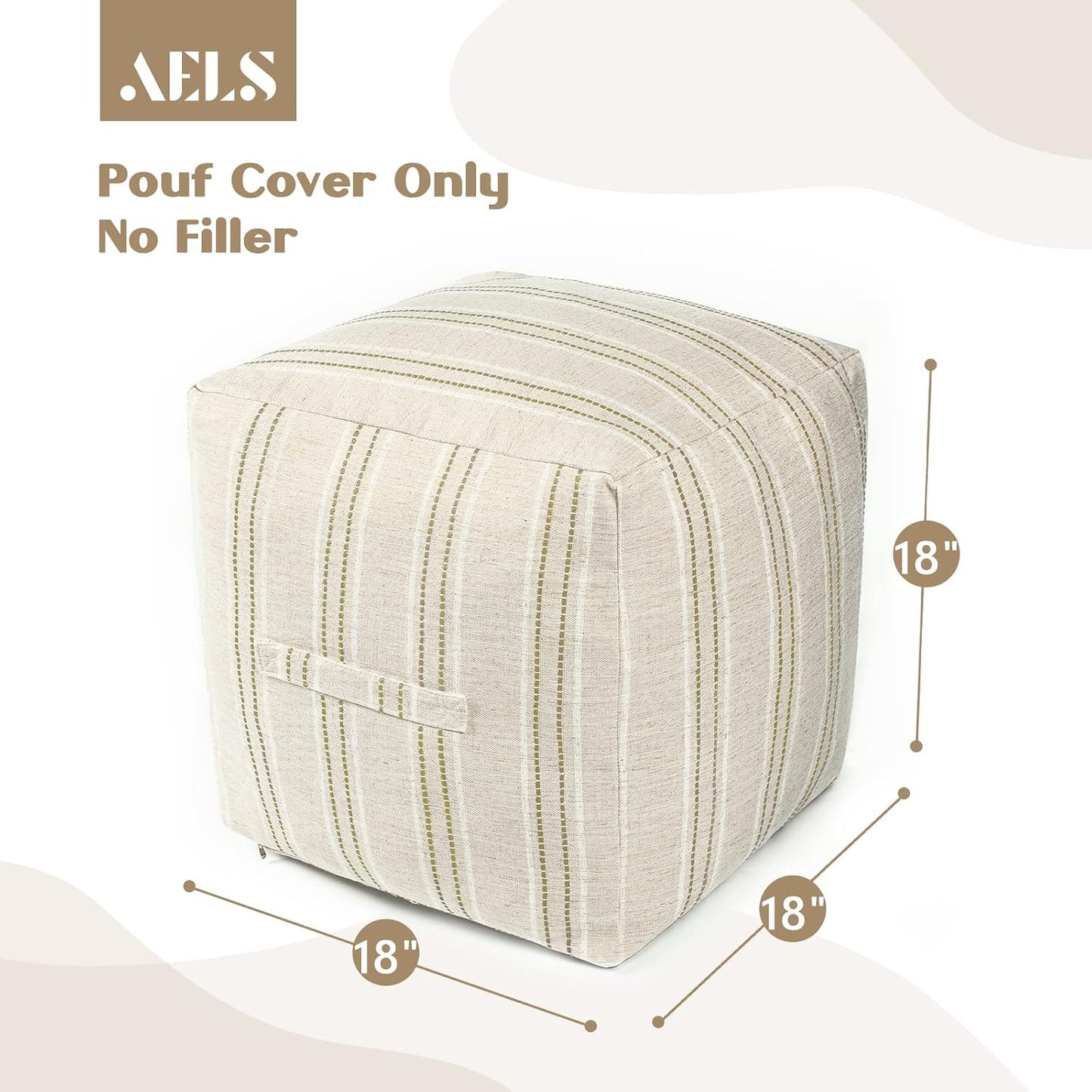 Unstuffed Farmhouse Pouf Cover for Living Room, Boho Storage Bean Bag Cubes, Beige with Brown Stitch Yarn Dyed Stripe Square Ottoman Pouf Foot Rest Footstool, 18"x18"x18", Cover ONLY