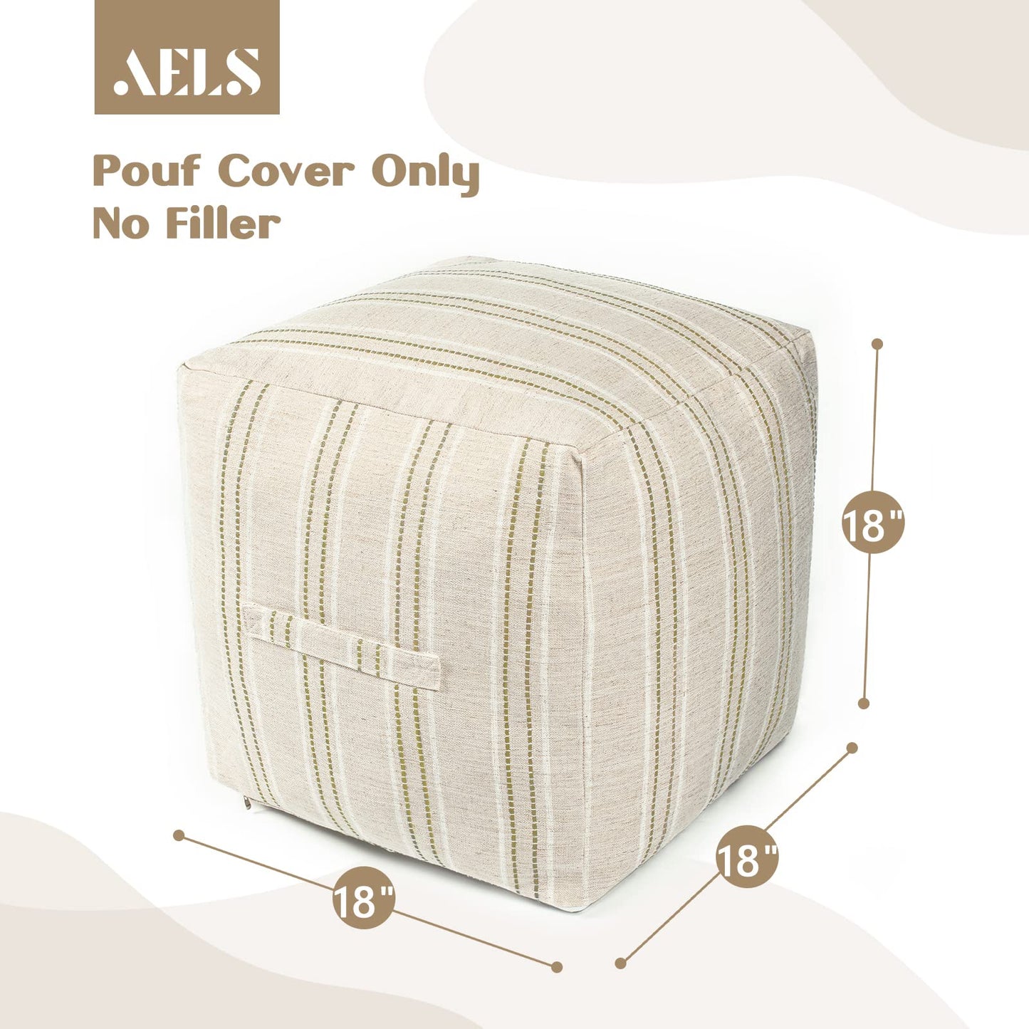 AELS Unstuffed Farmhouse Pouf Cover for Living Room, Boho Storage Bean Bag Cubes, Beige with Brown Stitch Yarn Dyed Stripe Square Ottoman Pouf Foot Rest Footstool, 18"x18"x18", Cover ONLY