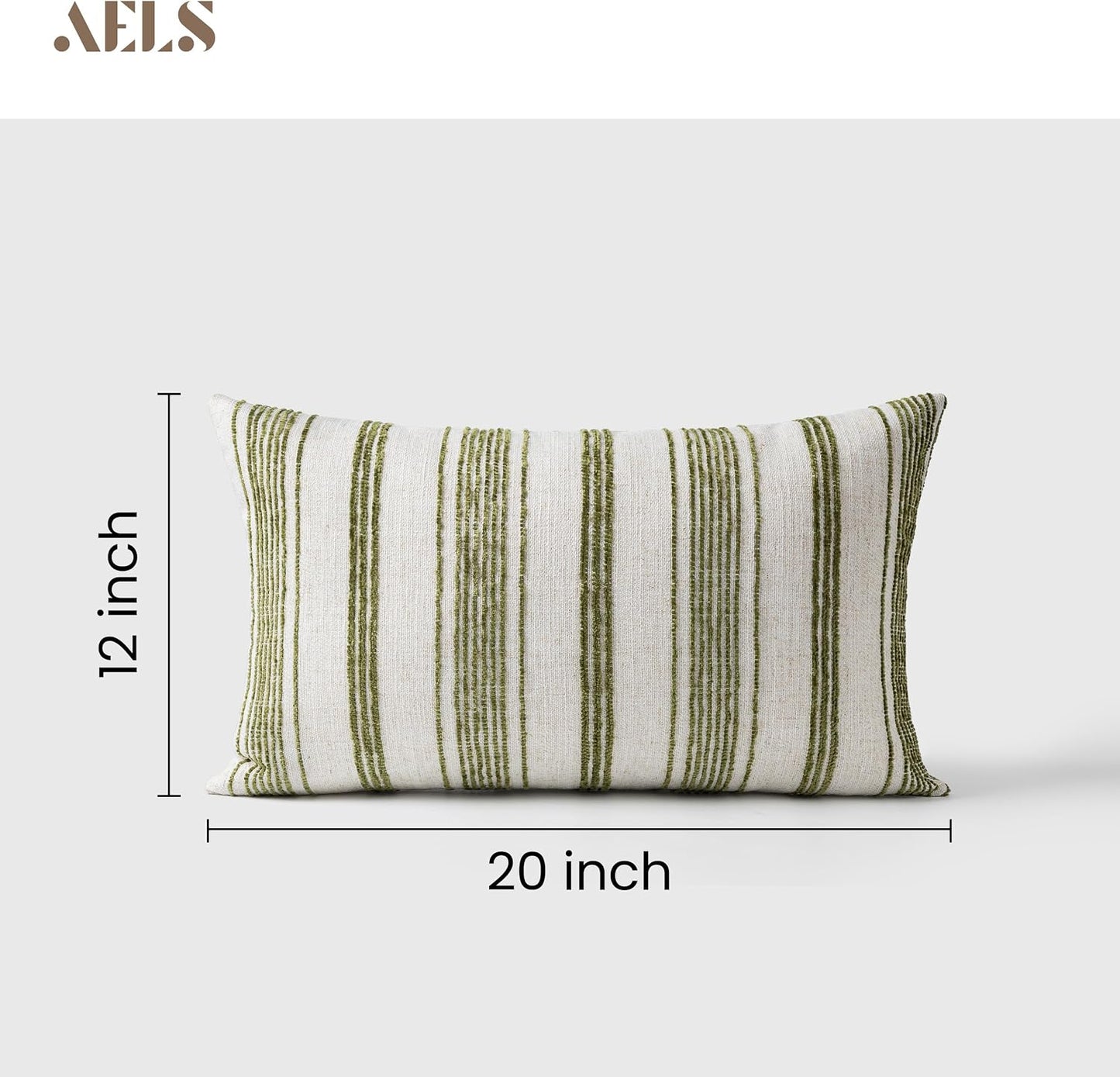 AELS 12x20 Decorative Farmhouse Linen Lumbar Pillow Covers, Beige with Olive Green Chenille Striped Pillow Case, Set of 2, Boho Textured Cushion Cover for Sofa Couch Living Room (Cover ONLY)