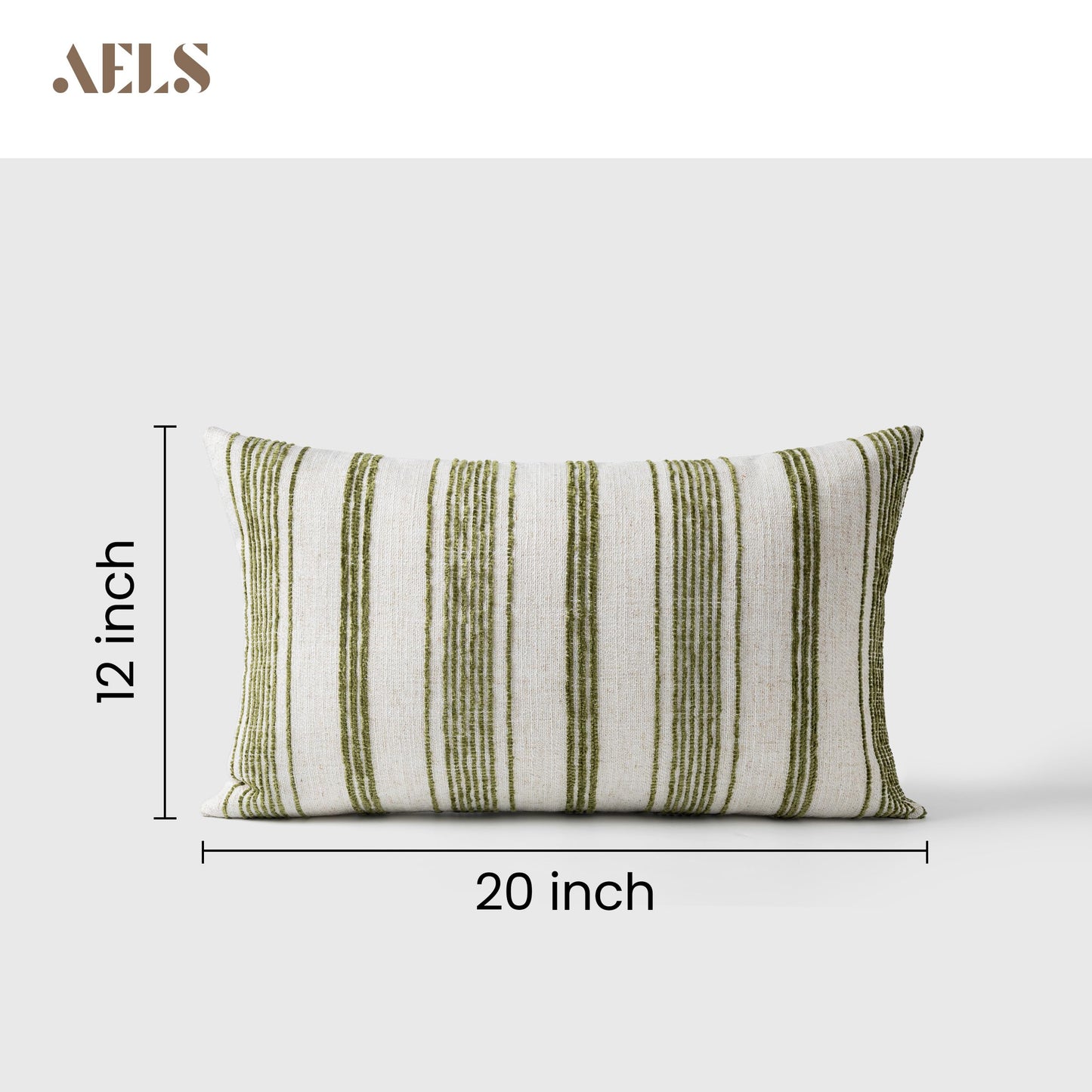 AELS 12x20 Decorative Farmhouse Linen Lumbar Pillow Covers, Beige with Olive Green Chenille Striped Pillow Case, Set of 2, Boho Textured Cushion Cover for Sofa Couch Living Room (Cover ONLY)