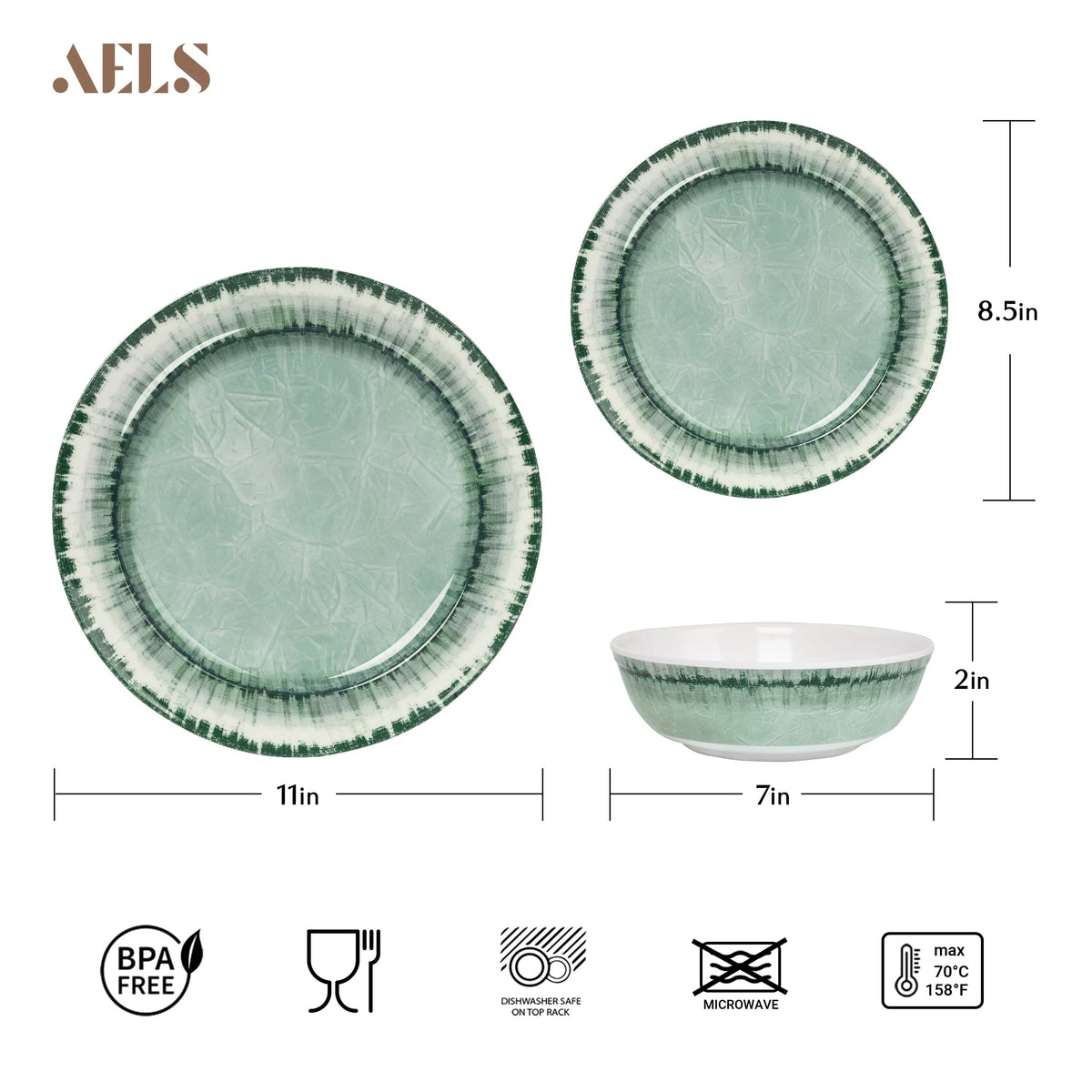 AELS Melamine Dinnerware Set of 18 Pcs Dinner Dishes Set, Lightweight Unbreakable for Indoor and Outdoor Use, BPA Free, Dishwasher Safe, Light Blue