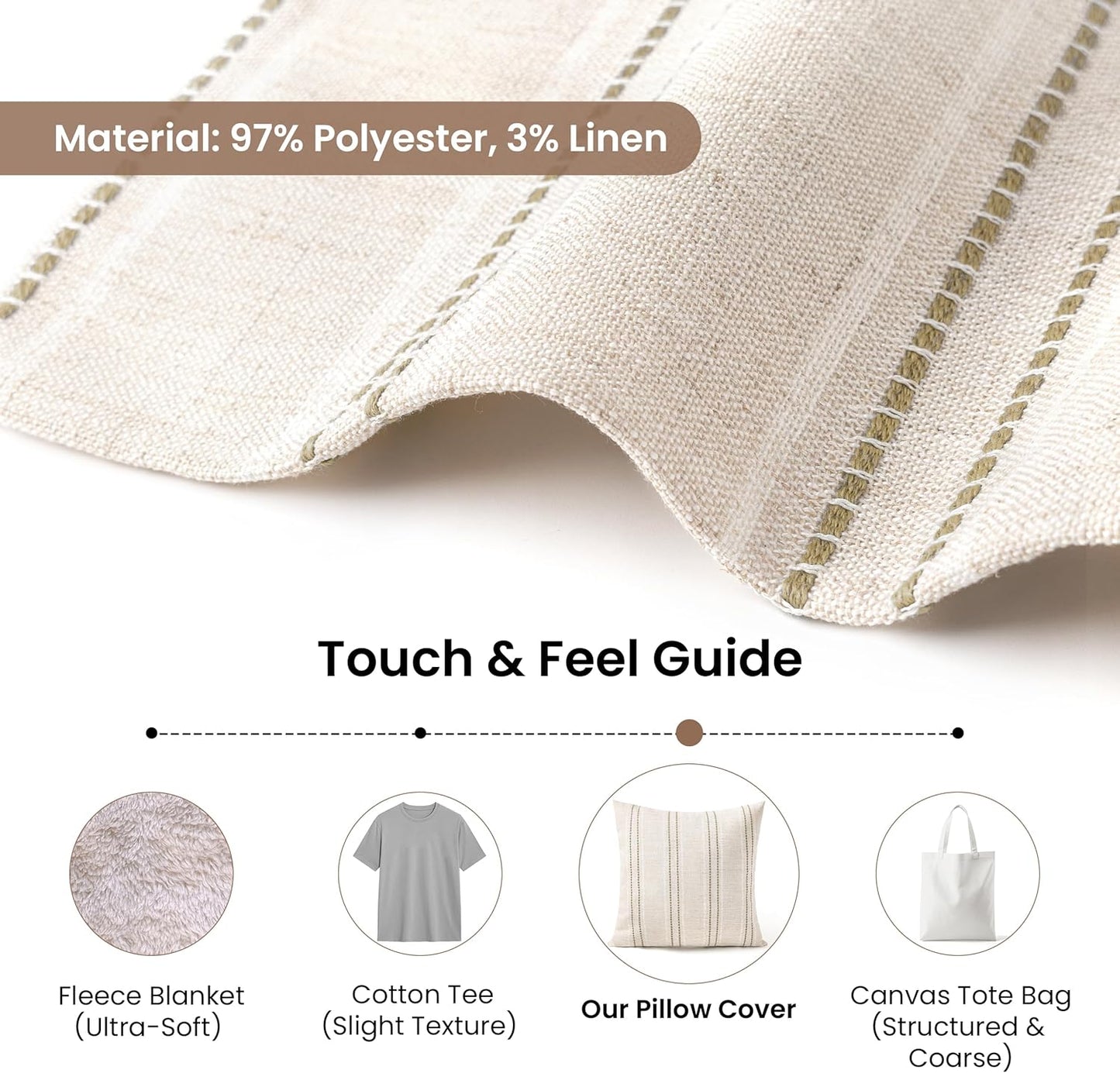 AELS 12x20 Decorative Farmhouse Linen Blend Throw Pillow Covers, Boho Textured Pillow Case, Set of 2, Beige with White & Brown Stitch Yarn Dyed Stripe Cushion Cover for Sofa Living Room (Cover ONLY)
