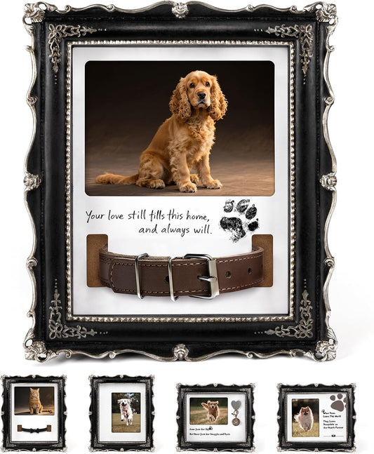 AELS Pet Memorial Picture Frame, Vintage Picture Frame with Photo Slot, Remembrance Gifts for Dog & Cat, Pet Loss Sign, Pet Memorial Collar Frame, Tabletop Wall Hanging, 5x7 Photo Insert, Black Silver