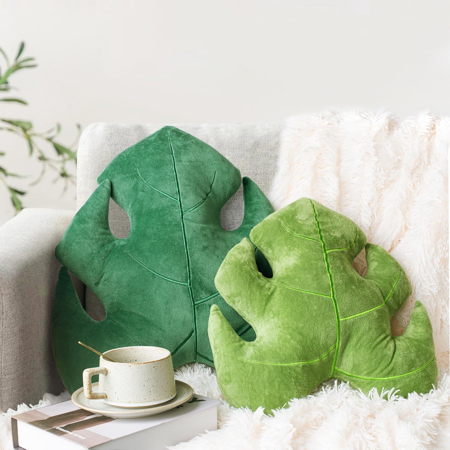 AELS Set of 2 3D Leaves Decorative Throw Pillows, 18"& 14" Monstera Deliciosa Plush Pillow Set for Plant Lovers Garden Lovers, Living Room Bedroom Nursery Decor, Bluish Green & Light Green