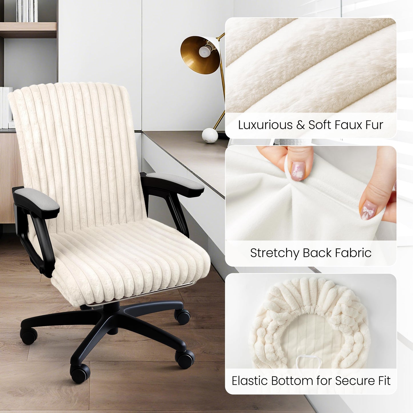 AELS Faux Fur Striped Office Chair Cover, Desk Chair Cover Computer Office Chair Covers - Fits Desk Chair/Armchair, Soft Breathable Fabric - Washable & Removable for Home & Office, Cream White