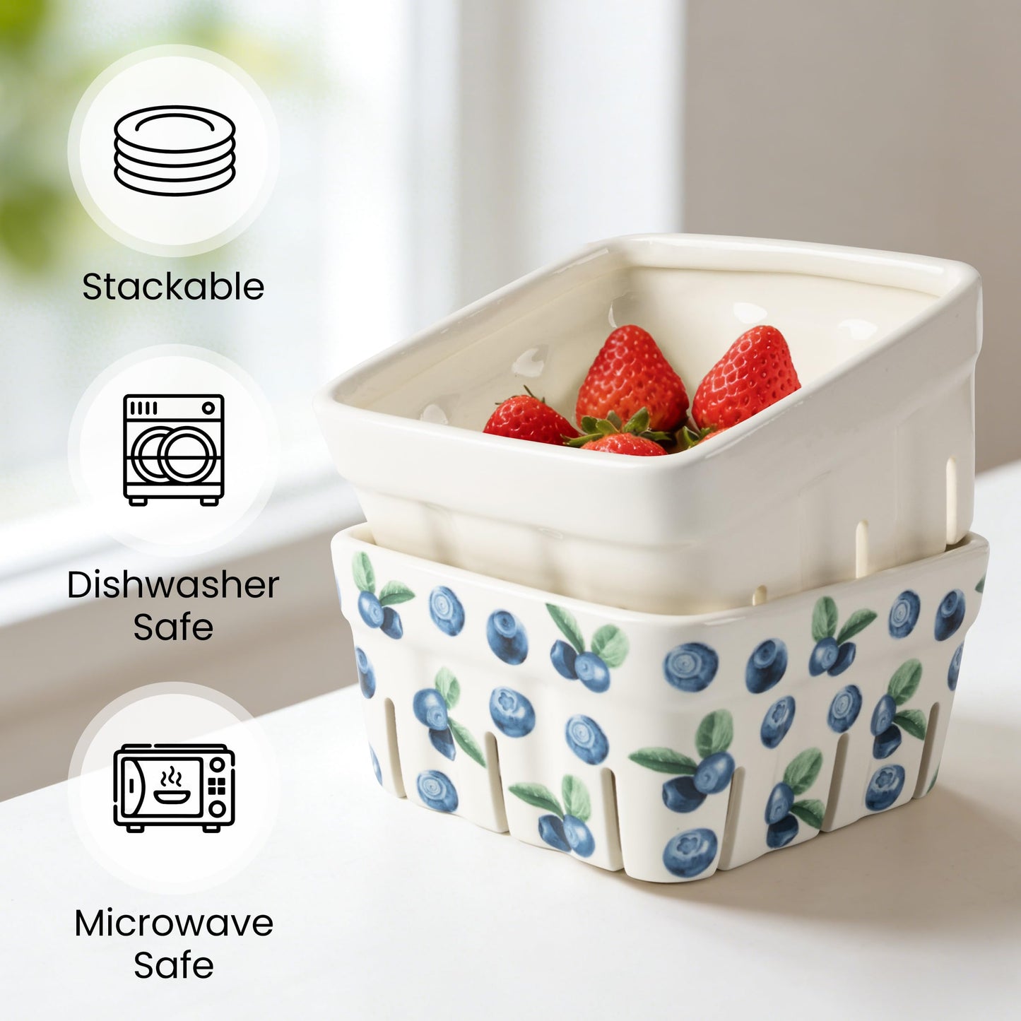AELS Ceramic Berry Basket, 5.9" Container for Fruit & Vegetables, Farmhouse Fruit Bowl, Strawberry Decor, Farmers Market, White Pink and Cute Strawberry Pattern, Stoneware Harvest Bowls for Kitchen
