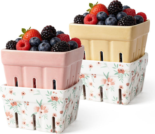 Ceramic Berry Basket, Farmhouse Fruit Bowl Container for Fruit & Vegetables, Farmers Market, Pink Floral Pattern, Kitchen Decor, Stoneware Harvest Bowls, Set of 4