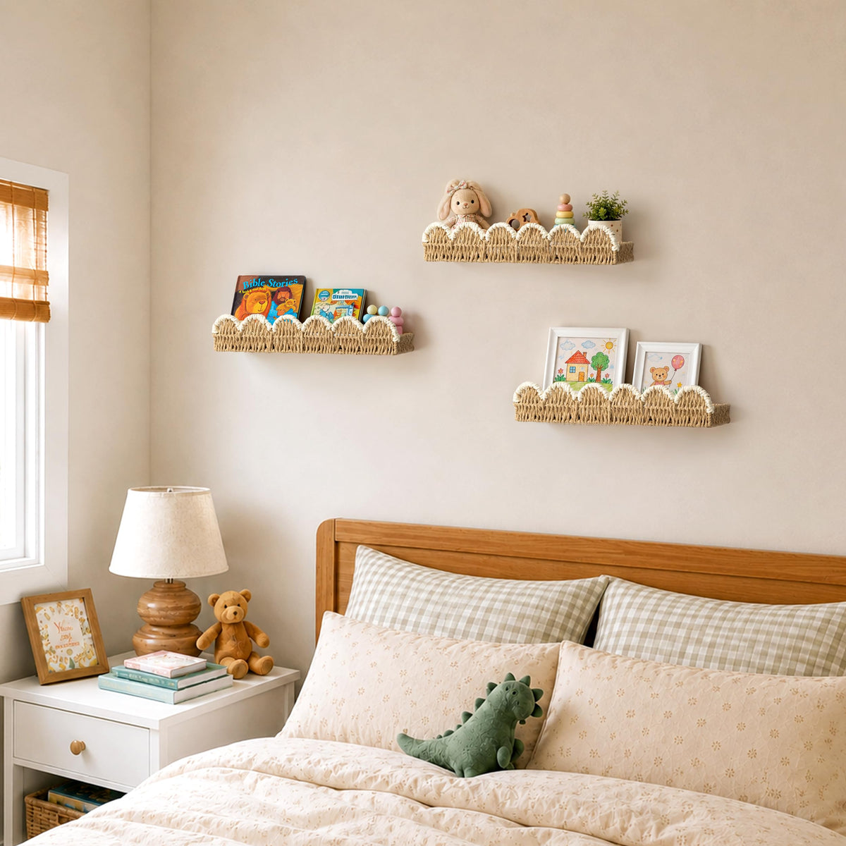 AELS Scalloped Nursery Bookshelf Set of 2, Woven Rattan Wall Shelf Beige