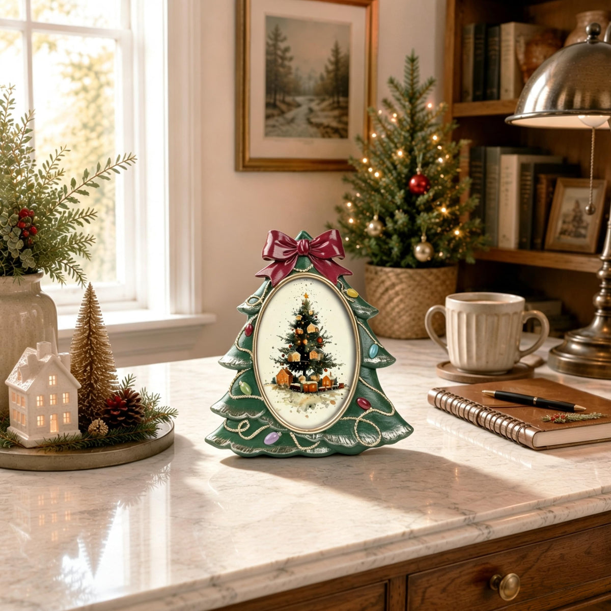 AELS 4x6 Inch Vintage Christmas Tree Picture Frames White Gold Bow