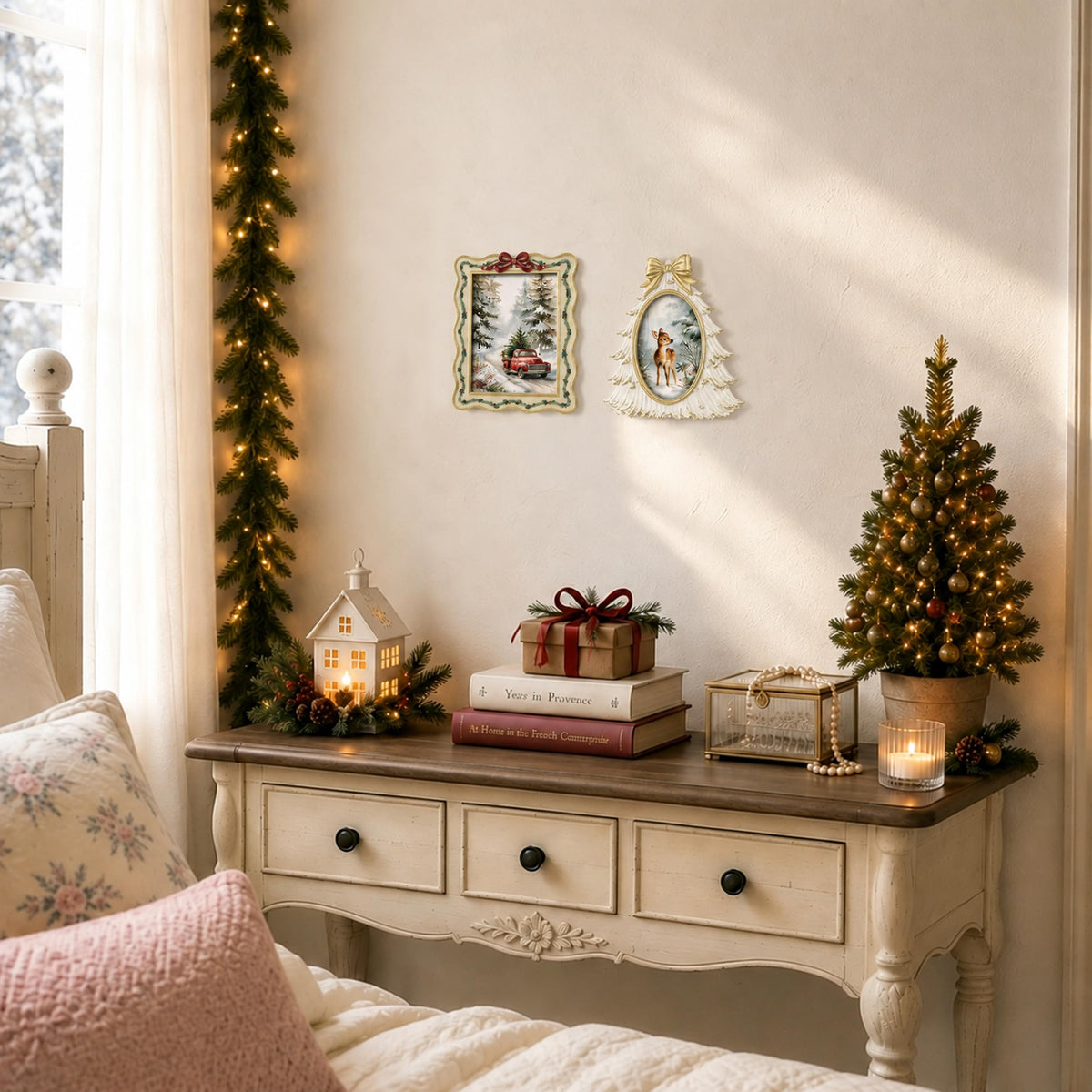 AELS 4x6 Inch Vintage Christmas Tree Picture Frames White Gold Bow