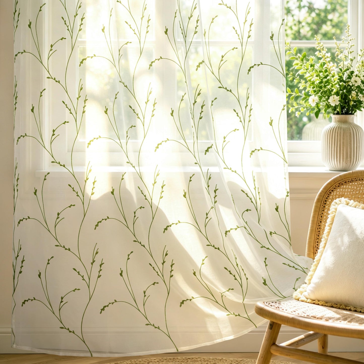 Semi White Sheer Curtains 84 Inches Long 2 Panels Set, White Stem | Embroidered Leaf Patterned Voile Window Treatments for Living Room Bedroom, Airy Light Filtering Grommet Curtains 52"W x 84"L