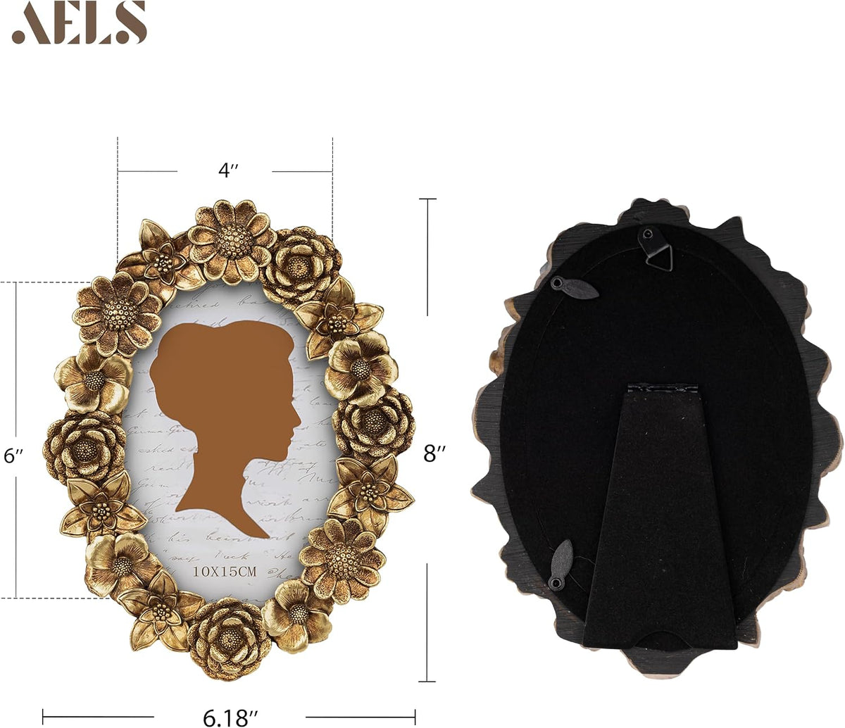 AELS 4x6 Inch Vintage Picture Frame, Elegant Antique Oval Photo Frames with Glass Front, Photo Display, Tabletop Wall Hanging, Gift Ideas, Gold Flower