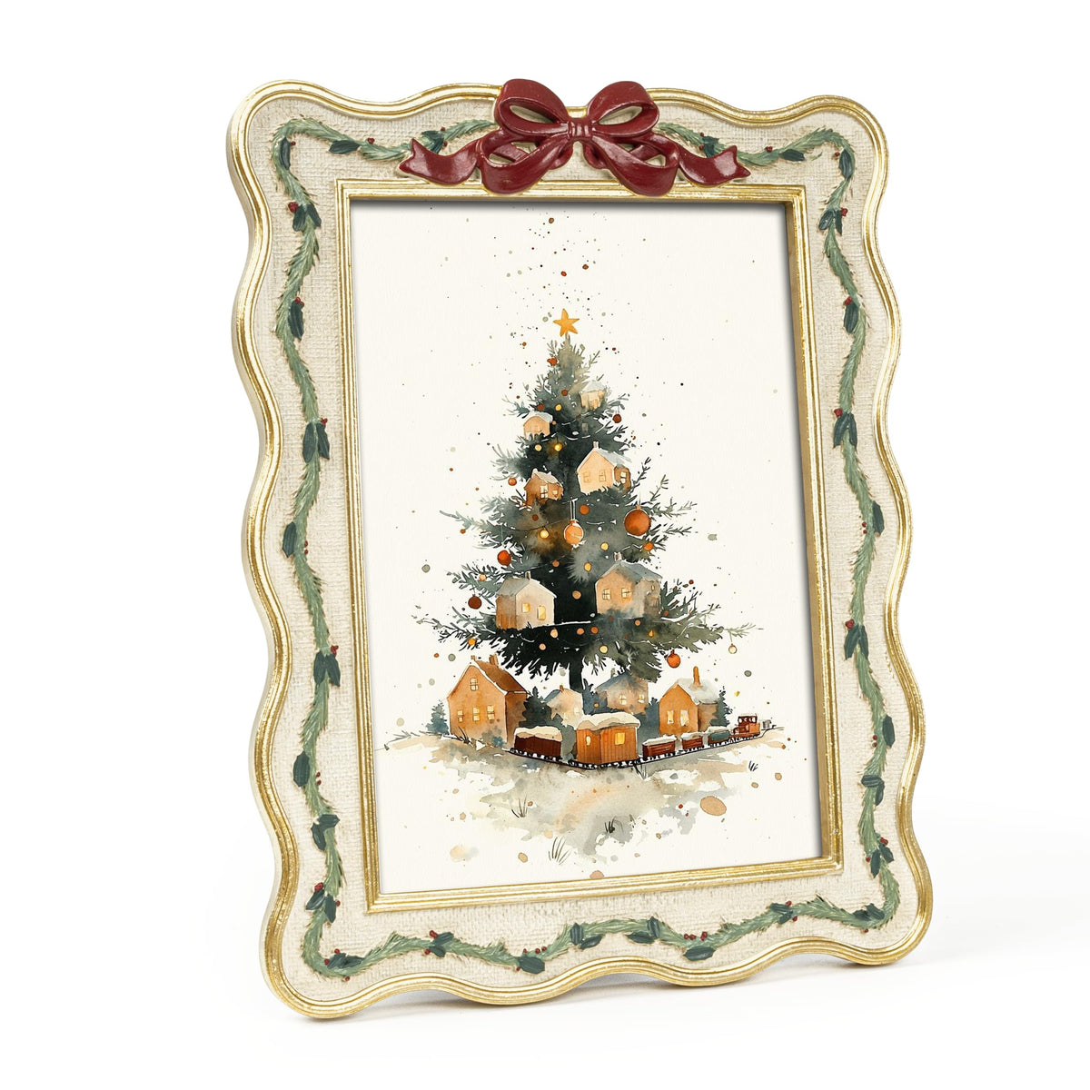 AELS 4x6 Inch Vintage Christmas Tree Picture Frames White Gold Bow