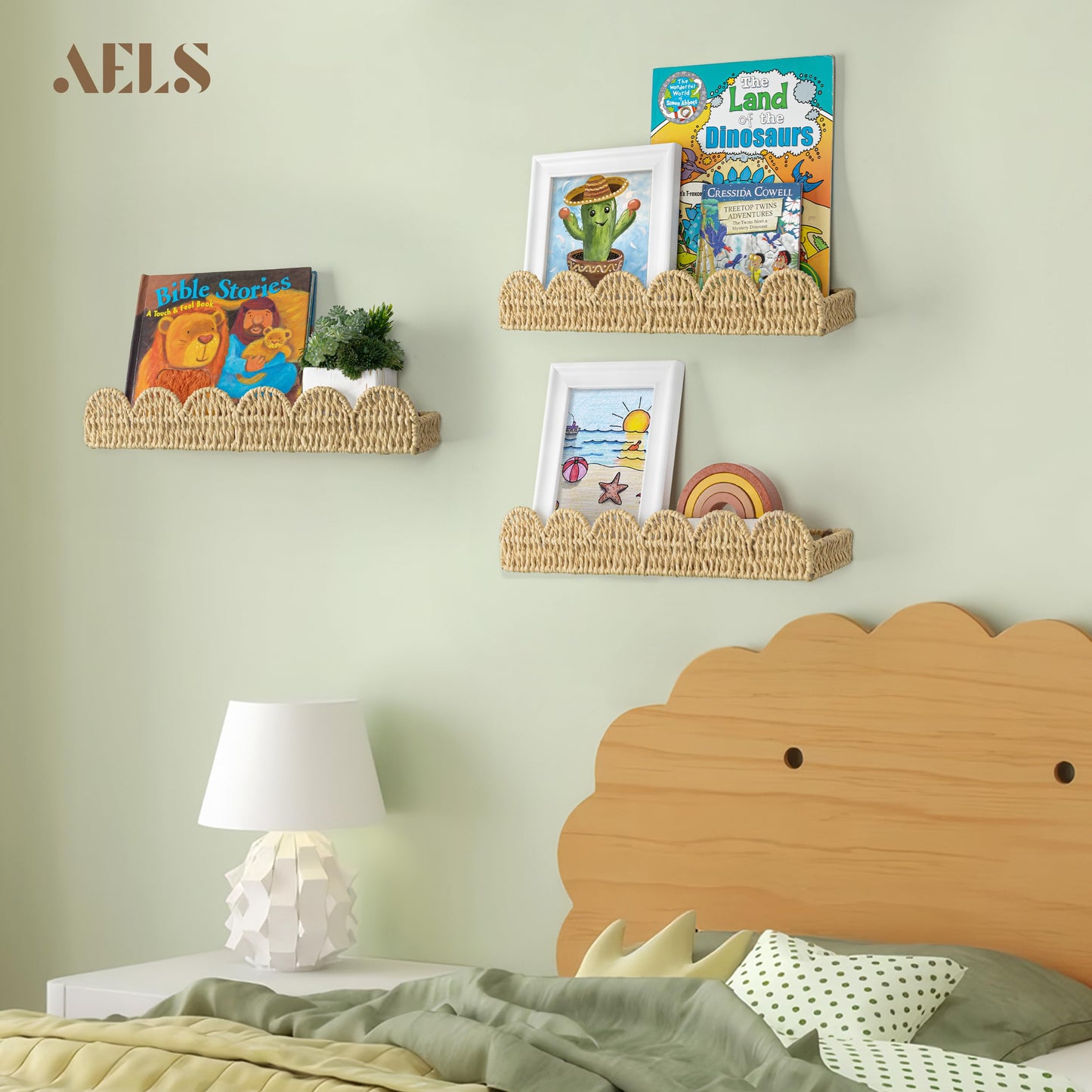 Scalloped Nursery Bookshelf, Set of 2, Picture Ledge Shelf for Wall Decor, Woven Straw Paper Floating Shelves for Books, Toys, Photo Frames, Nursery, Boho Modern Farmhouse Book Shelf, Beige