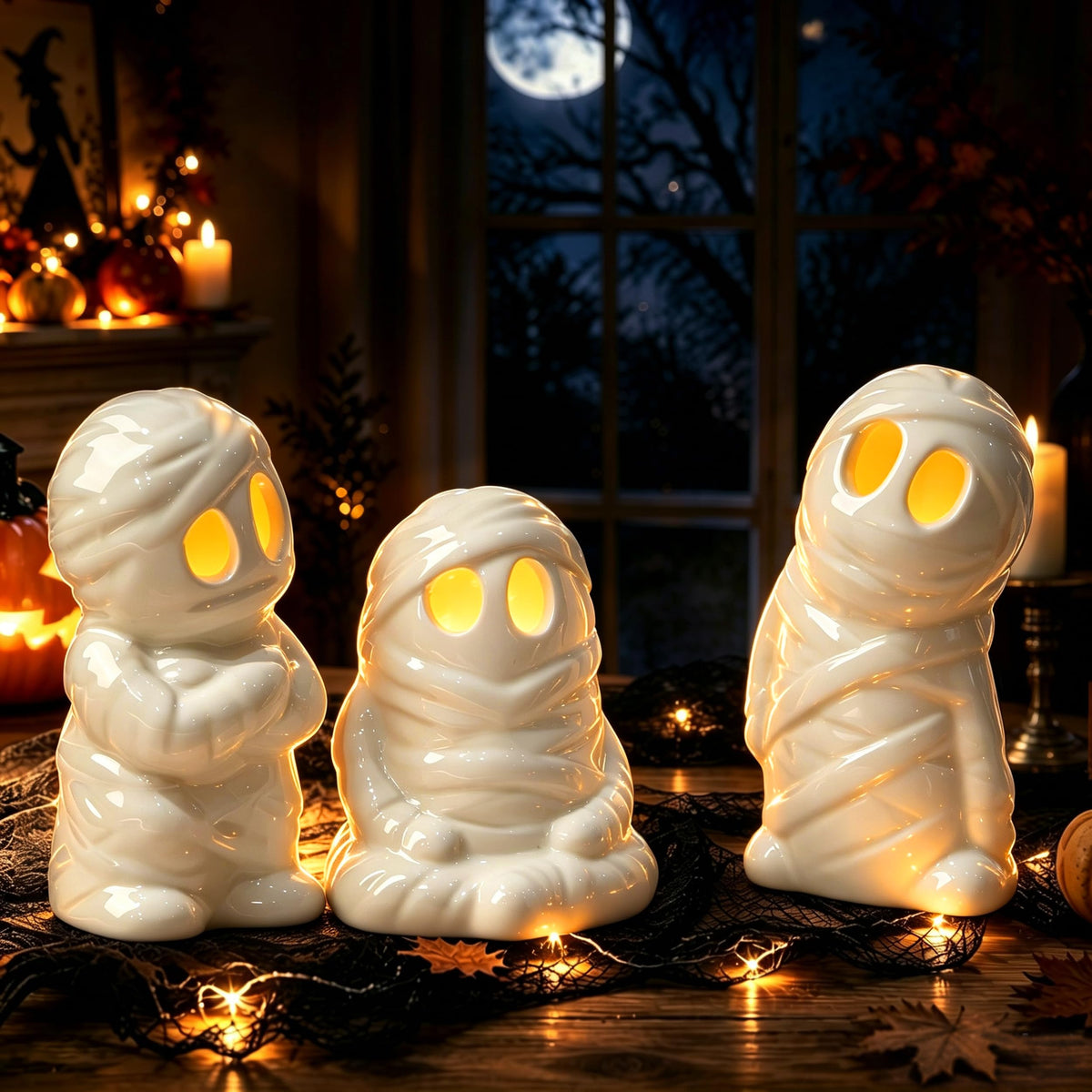 AELS Ceramic Ghost Candle Holder Set of 3, Halloween Tea Light Decor