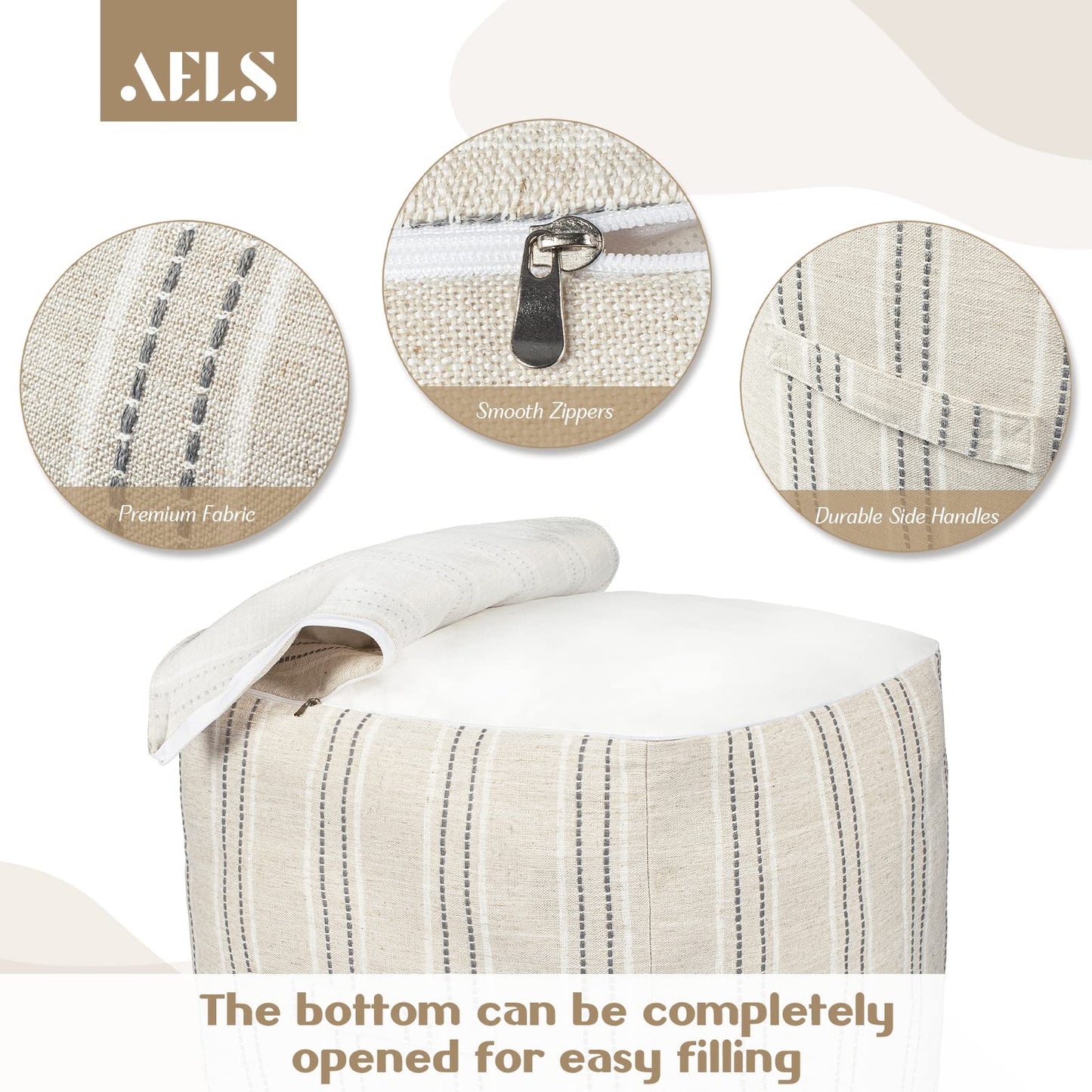AELS Unstuffed Farmhouse Pouf Cover for Living Room, Boho Storage Bean Bag Cubes, Beige with Brown Stitch Yarn Dyed Stripe Square Ottoman Pouf Foot Rest Footstool, 18"x18"x18", Cover ONLY