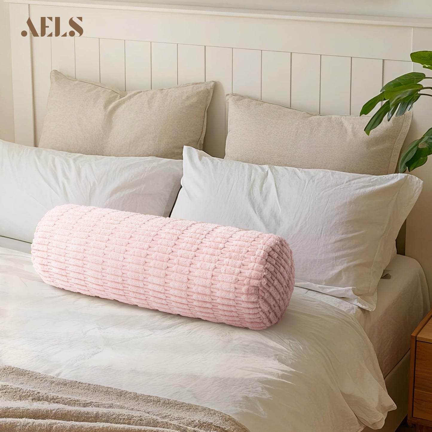 AELS Faux Fur Striped Cylinder Pillows Set of 2, 8" x 24" Decorative Modern Bolster Pillows with Removable Washable Cover & Insert, Body Pillow for Couch Bed, Living Room Bedroom Nursery Decor, White