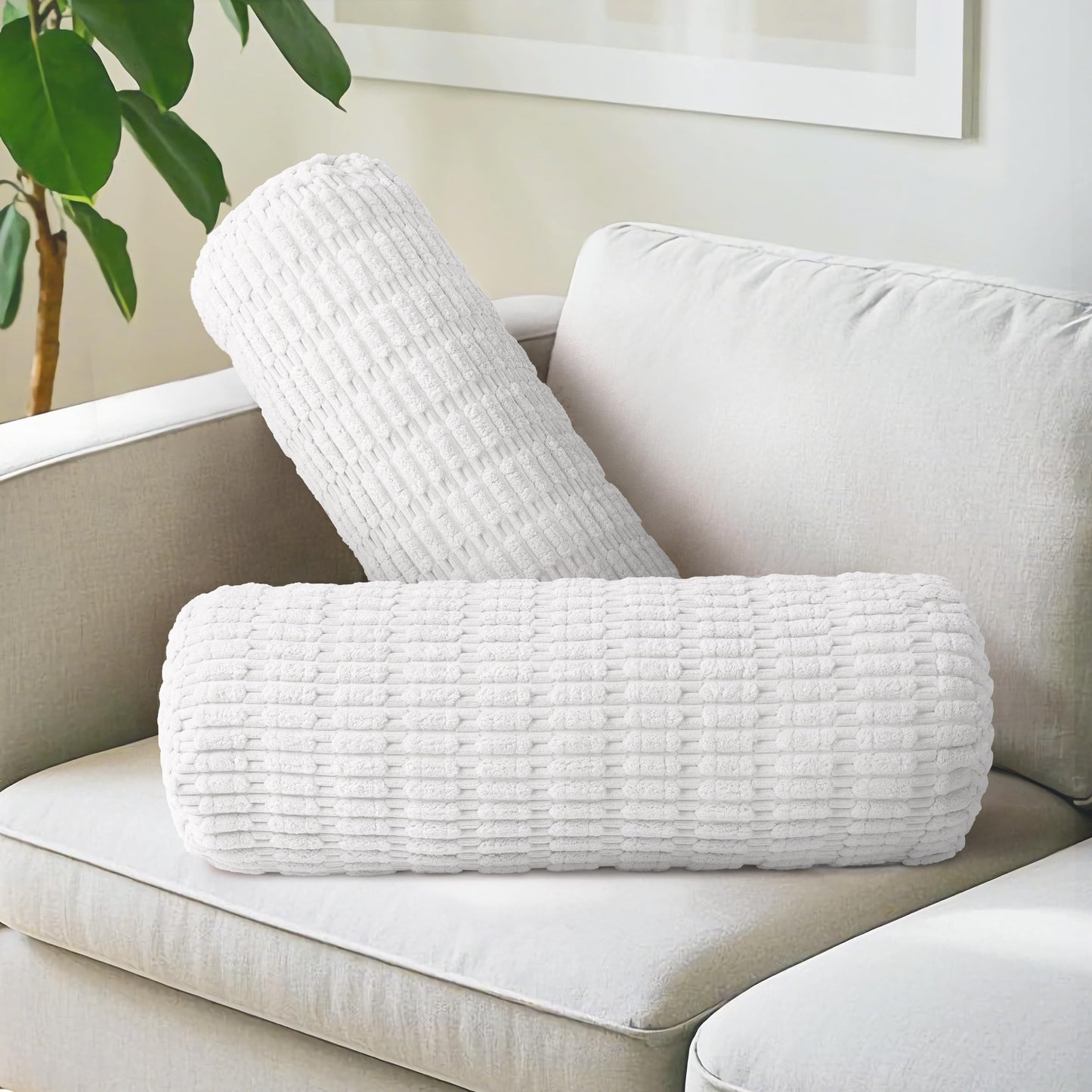 AELS Faux Fur Striped Cylinder Pillows Set of 2, 8" x 24" Decorative Modern Bolster Pillows with Removable Washable Cover & Insert, Body Pillow for Couch Bed, Living Room Bedroom Nursery Decor, White