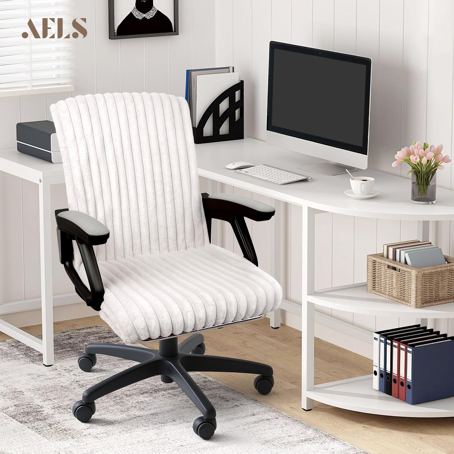AELS Faux Fur Striped Office Chair Cover, Desk Chair Cover Computer Office Chair Covers - Fits Desk Chair/Armchair, Soft Breathable Fabric - Washable & Removable for Home & Office, Cream White