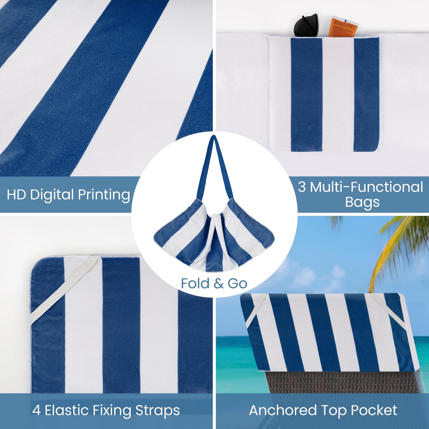 Lounge Chair Towel Cover, Pack of 2 - Microfiber Beach Towels with Pockets, Fits Outdoor Garden Beach Hotel Pool Chairs, Non-Slip & Portable Design, 85" X 30", Ombre Blue Stripes