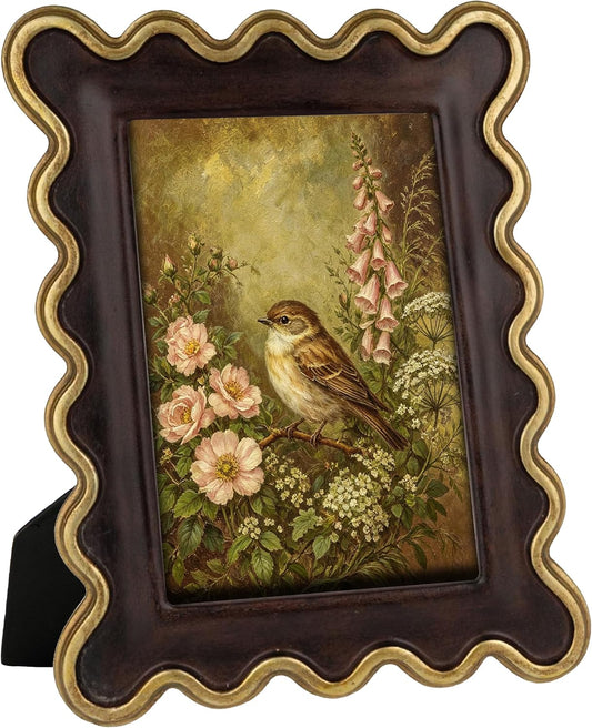 AELS 4x6 Inch Vintage Scalloped Picture Frame, Mid Century Modern Antique Photo Frames with Glass Front, Photo Display, Tabletop Wall Hanging, Gift Ideas, Dark Walnut