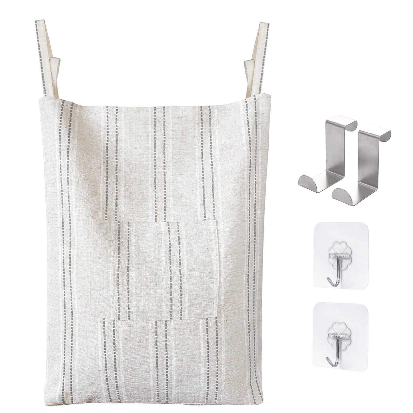 Farmhouse Hanging Laundry Hamper with 2 Hooks, Washable Beige & Stripes Laundry Bag with Zipper & Wide Open Top, Over the Door Organizer for Dirty Clothes, Space Saving Storage