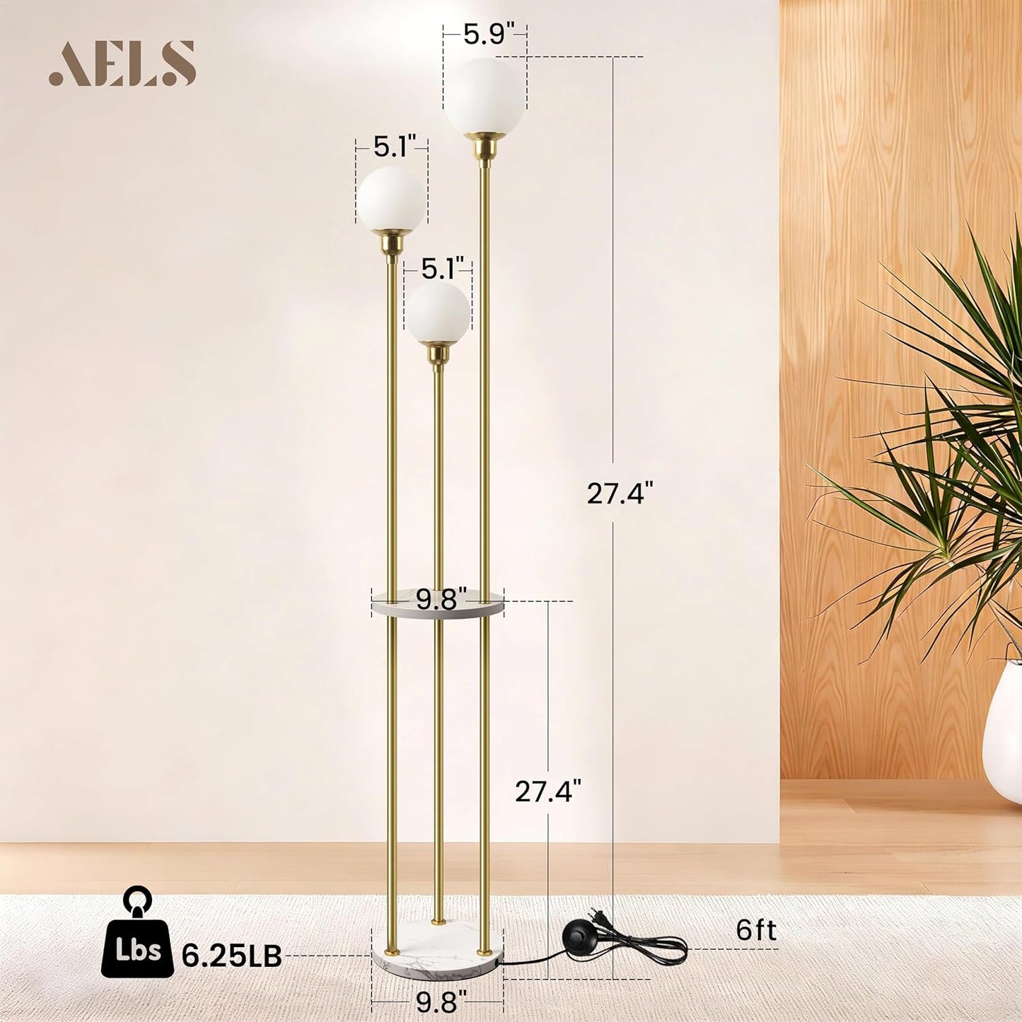 AELS 66" Tall 3 Globe Gold Floor Lamp with Shelves, Mid Century Modern Floor Lamp with Table, Tall Lamp for Living Room Corner Shelf Lamp, Standing 3 Light Lamp for Bedroom with Foot Switch & Blubs