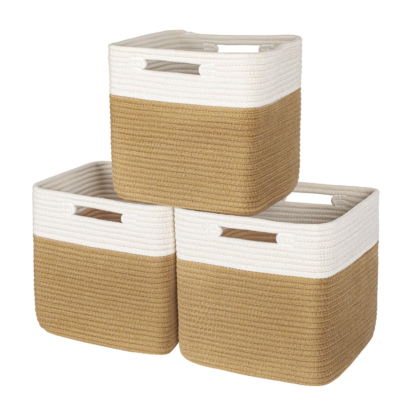 Hand Woven Cotton Basket for Storage, Cube Storage Bins with Handles, Foldable Collapsible Closet Organizers and Storage, Boho Farmhouse Storage Cubes for Shelves, Beige