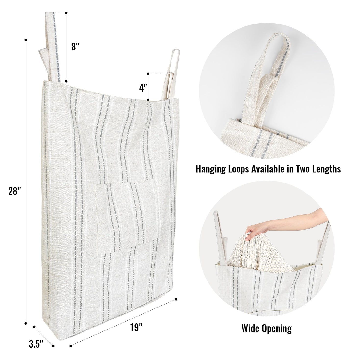 Farmhouse Hanging Laundry Hamper with 2 Hooks, Washable Beige & Stripes Laundry Bag with Zipper & Wide Open Top, Over the Door Organizer for Dirty Clothes, Space Saving Storage