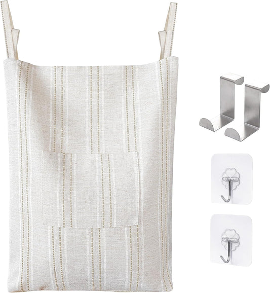 AELS Farmhouse Hanging Laundry Hamper with 2 Hooks, Boho Beige & Brown Stripes Laundry Bag with Zipper & Wide Open Top, Over the Door Organizer for Dirty Clothes, Washable Space Saving Storage