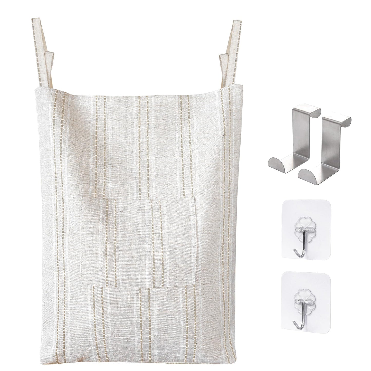 Farmhouse Hanging Laundry Hamper with 2 Hooks, Washable Beige & Stripes Laundry Bag with Zipper & Wide Open Top, Over the Door Organizer for Dirty Clothes, Space Saving Storage