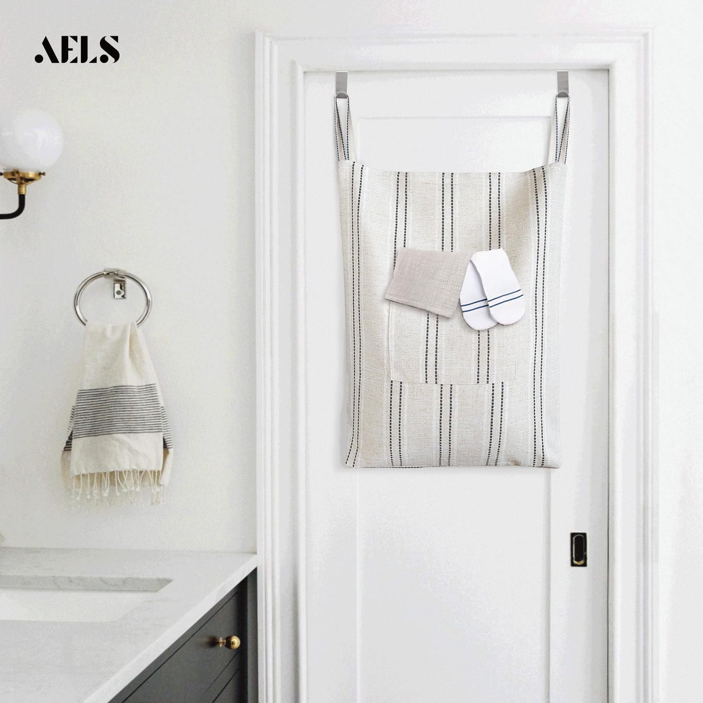 Farmhouse Hanging Laundry Hamper with 2 Hooks, Washable Beige & Stripes Laundry Bag with Zipper & Wide Open Top, Over the Door Organizer for Dirty Clothes, Space Saving Storage