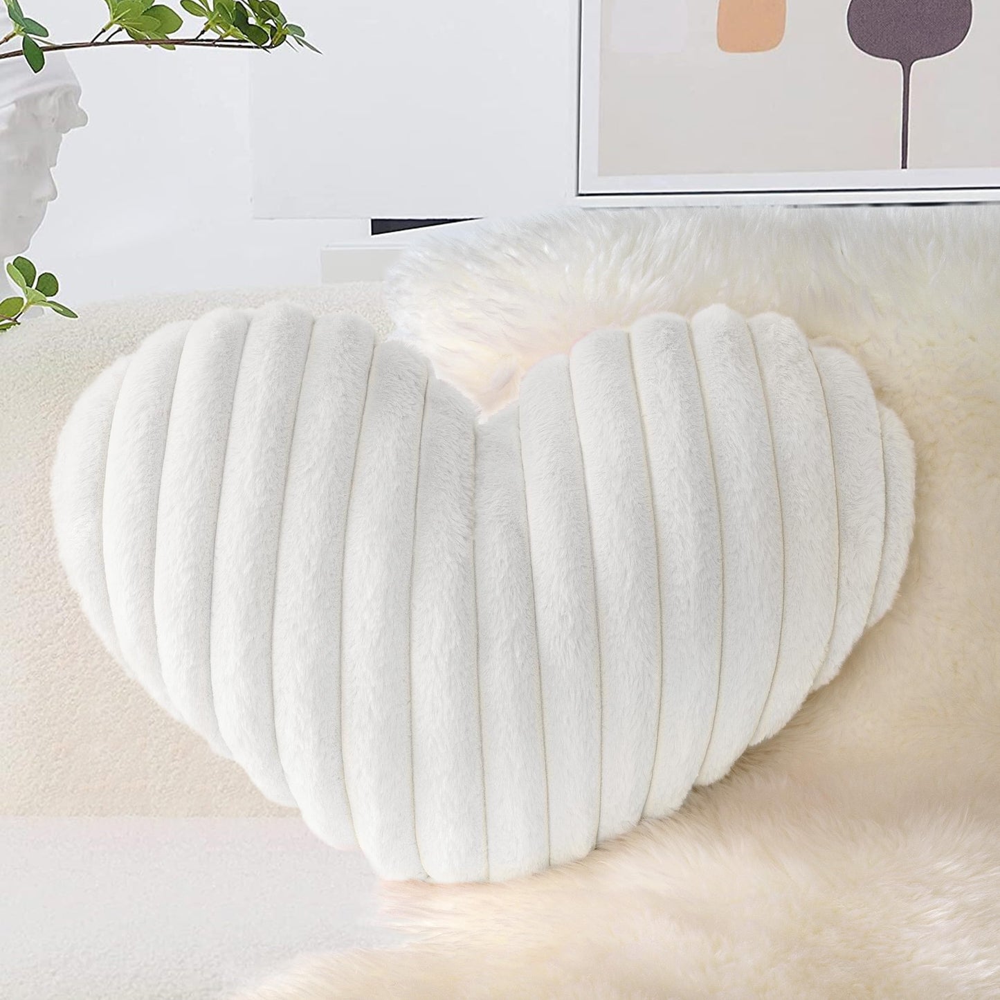 AELS Heart Shaped Pillow, 20 Inches Heart Decorative Throw Pillows, Faux Fur Love Cute Pillows, Valentines Day Decorations, Wedding Decor, Living Room Bedroom Nursery Decor, White