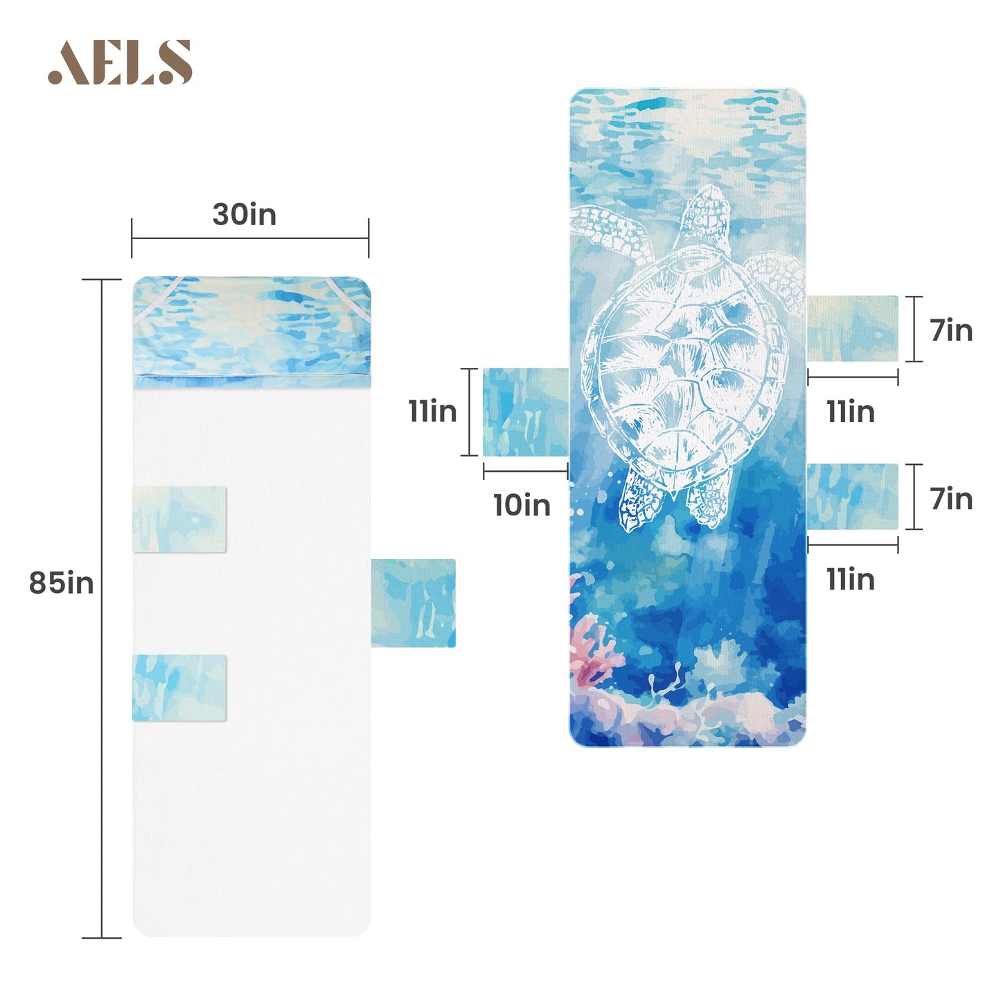 AELS Lounge Chair Towel Cover, Pack of 2 - Microfiber Beach Towels with Pockets, Fits Outdoor Garden Beach Hotel Pool Chairs, Non-Slip & Portable Design, 85" X 30", Sea Turtle Blue Stripe