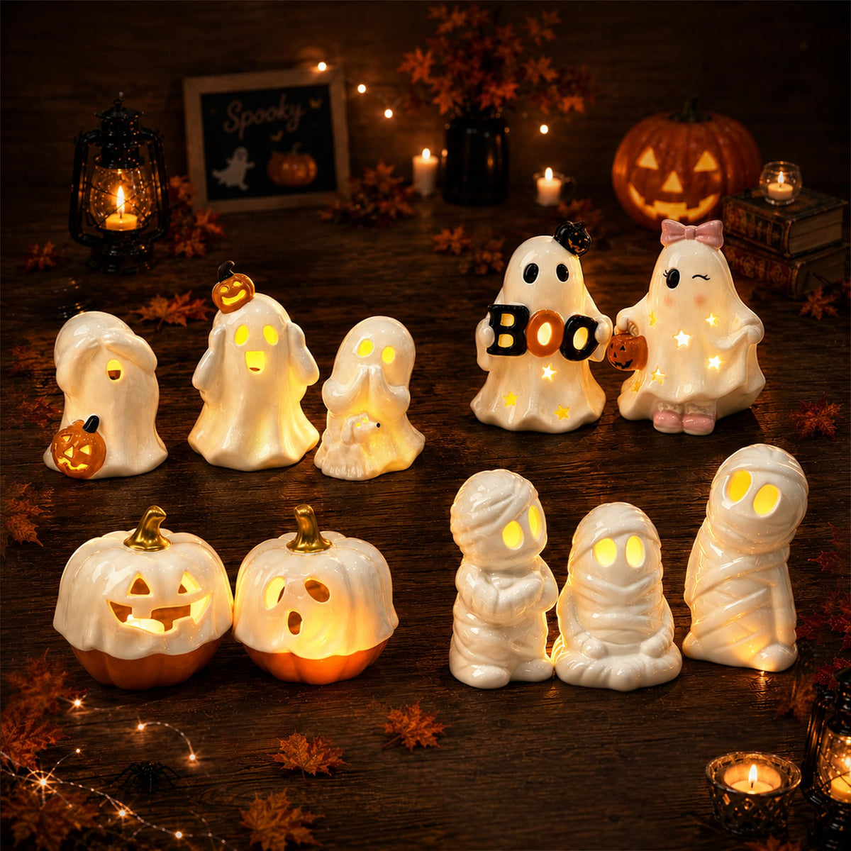AELS Ceramic Ghost Candle Holder Set of 3, Halloween Tea Light Decor