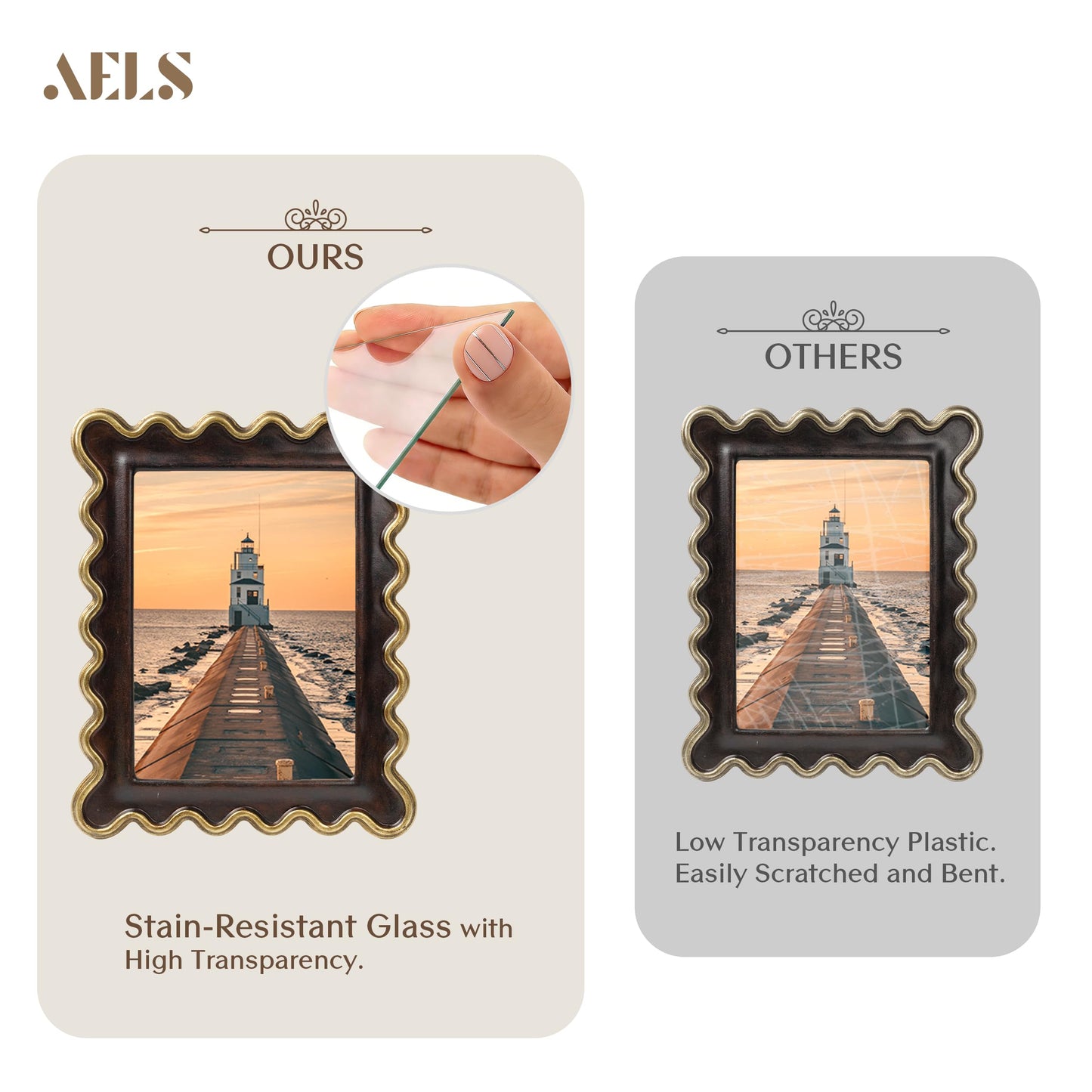 AELS 4x6 Inch Vintage Scalloped Picture Frame, Mid Century Modern Antique Photo Frames with Glass Front, Photo Display, Tabletop Wall Hanging, Gift Ideas, Dark Walnut
