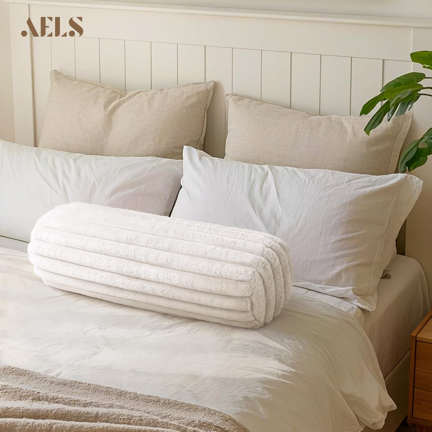 AELS Faux Fur Striped Cylinder Pillows, 8" x 24" Decorative Modern Bolster Pillows with Removable Washable Cover and Insert, Body Pillow for Couch and Bed, Living Room Bedroom Nursery Decor, White
