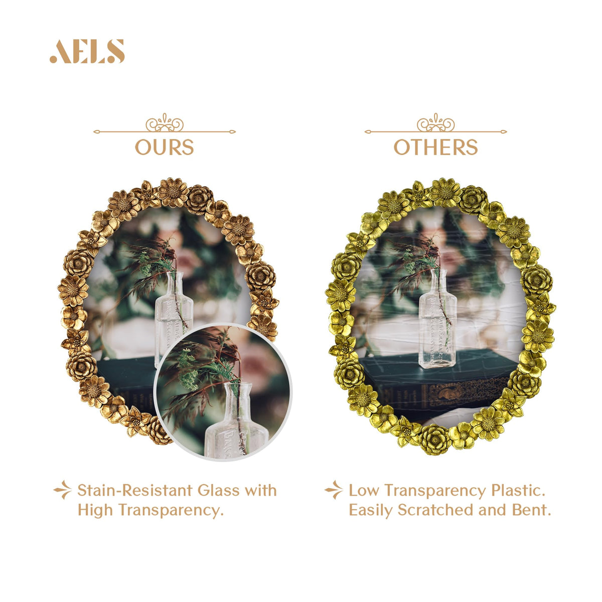 AELS 5x7 Inch Vintage Picture Frame, Elegant Antique Oval Photo Frames with Glass Front, Photo Display, Tabletop Wall Hanging, Gift Ideas, Gold Flower
