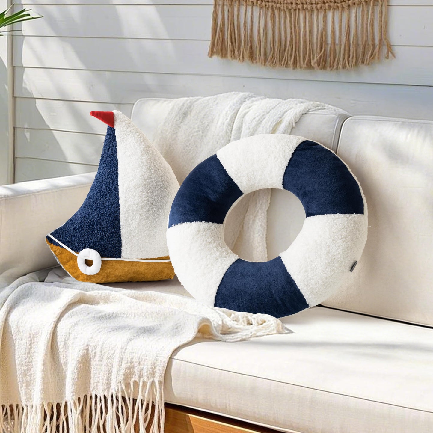 AELS 3D Anchor & Lifebuoy Nautical Throw Pillows, 19.6"& 15.7" Set of 2, Coastal Decor for Beach Enthusiasts Beach House, Ideal for Sofa Couch Living Room Bedroom and Nursery, Navy Blue and White