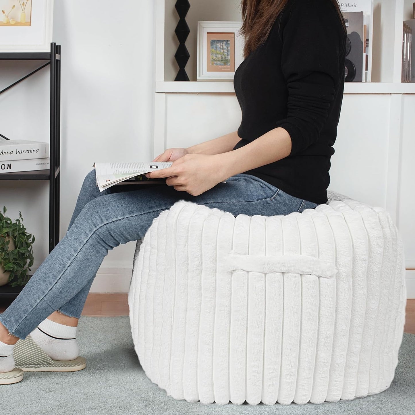 AELS Unstuffed Modern Pouf Cover for Living Room, Mid Century Modern Storage Bean Bag Cubes, Creamy White Faux Fur Plush Sripe Square Ottoman Pouf Foot Rest Footstool, 18"x18"x18", Cover ONLY
